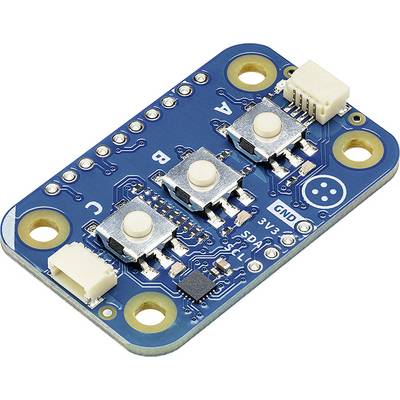 Blue electronic module with multiple connectors and components, including three white switches in the centre, labelled 'A', 'B', and 'C'.
