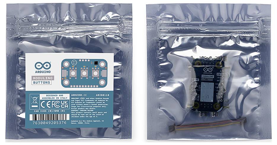 'Front and back of the Arduino module packaging. Front shows a diagram of the module, back shows module view through clear film.'