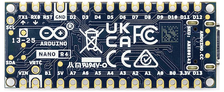Arduino Nano R4 circuit board with various connections and certification logos. Ideal for electronic projects and prototyping.