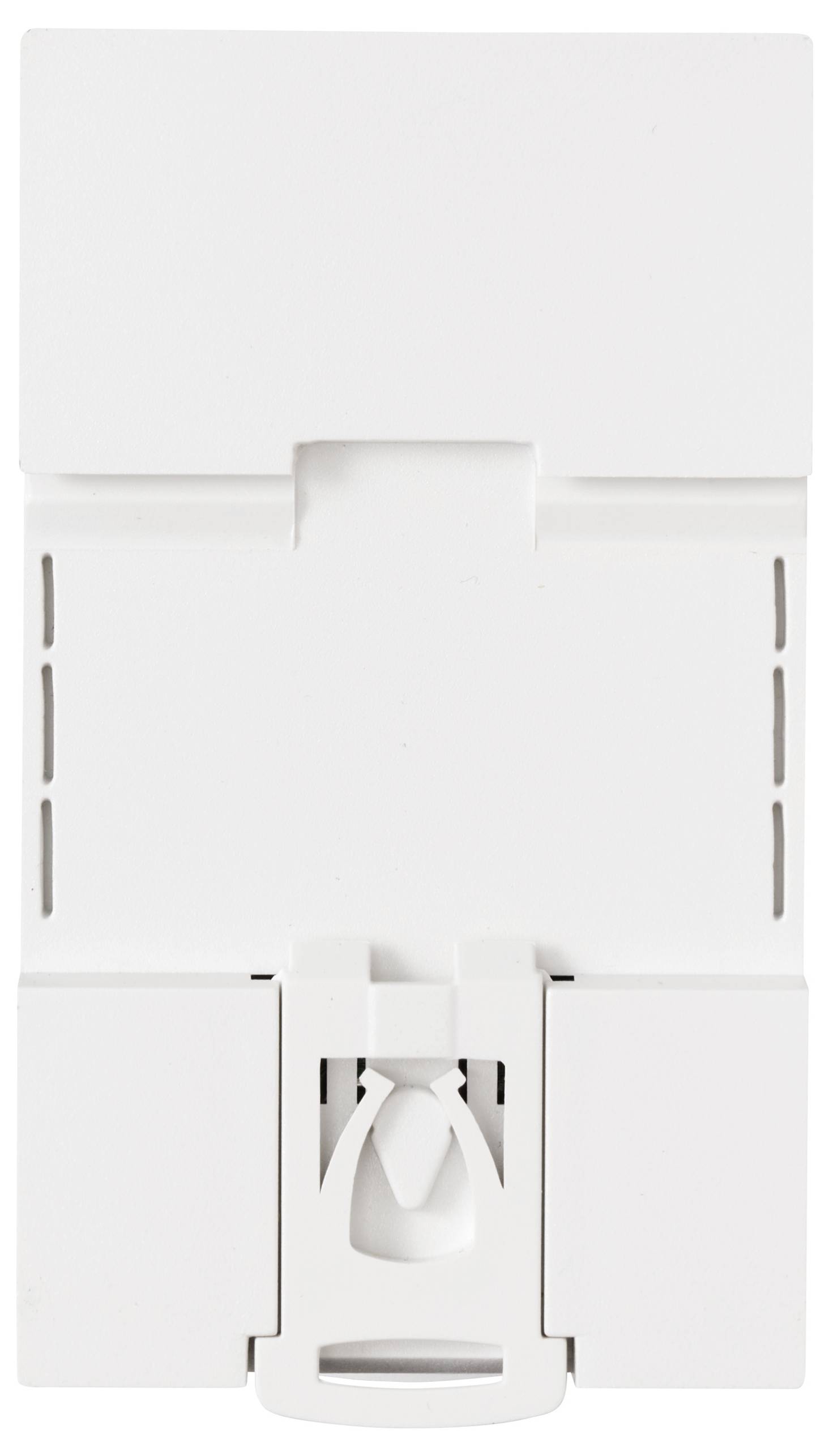 A white electrical component or device with a rectangular shape, featuring slots and a latch-like mechanism at the bottom center.