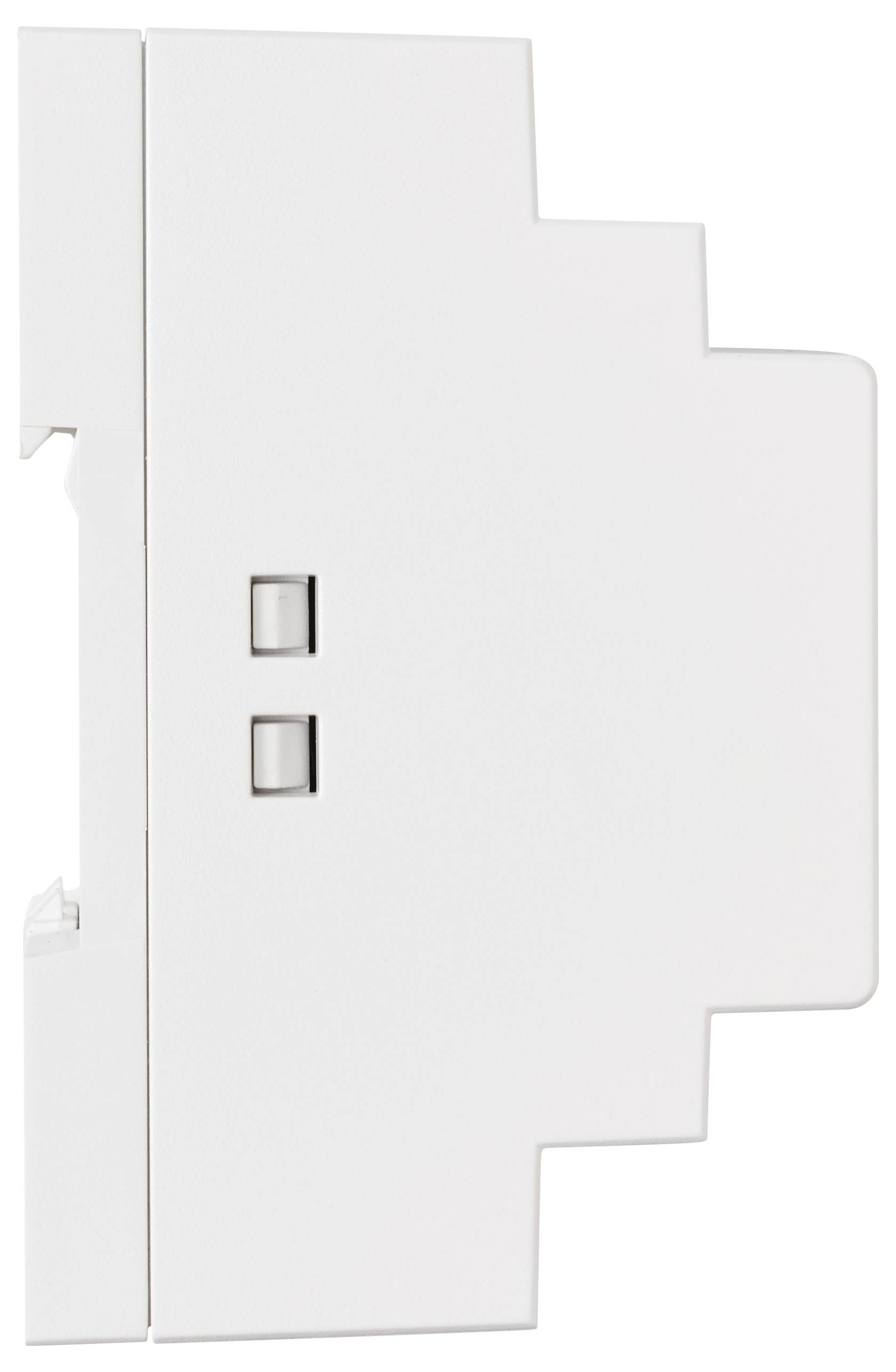A white, rectangular, electronic device designed for wall mounting, featuring two small buttons on the side.