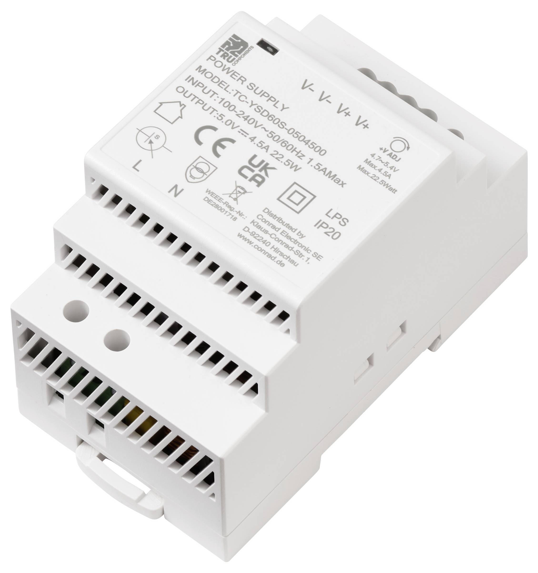 'A white power supply unit labeled with model, voltage, and output details, featuring symbols for safety certifications and mounting design.'
