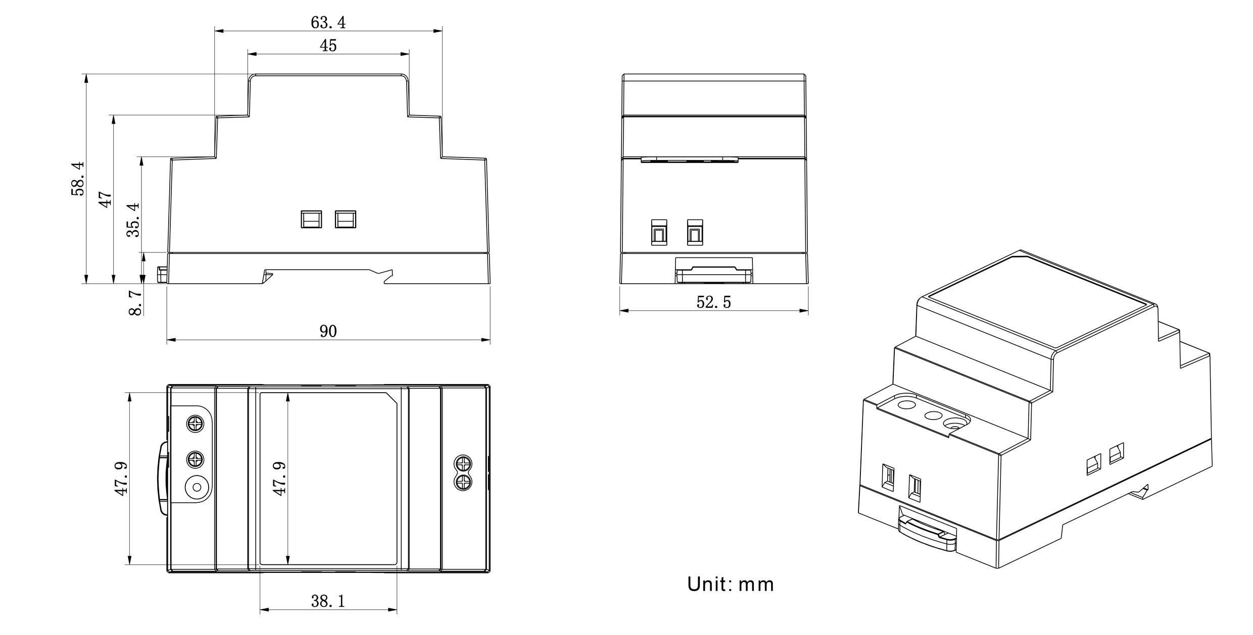 'Dimensions and views of a modular device in millimeters, including front, side, and top perspectives. Key measurements are labeled.'