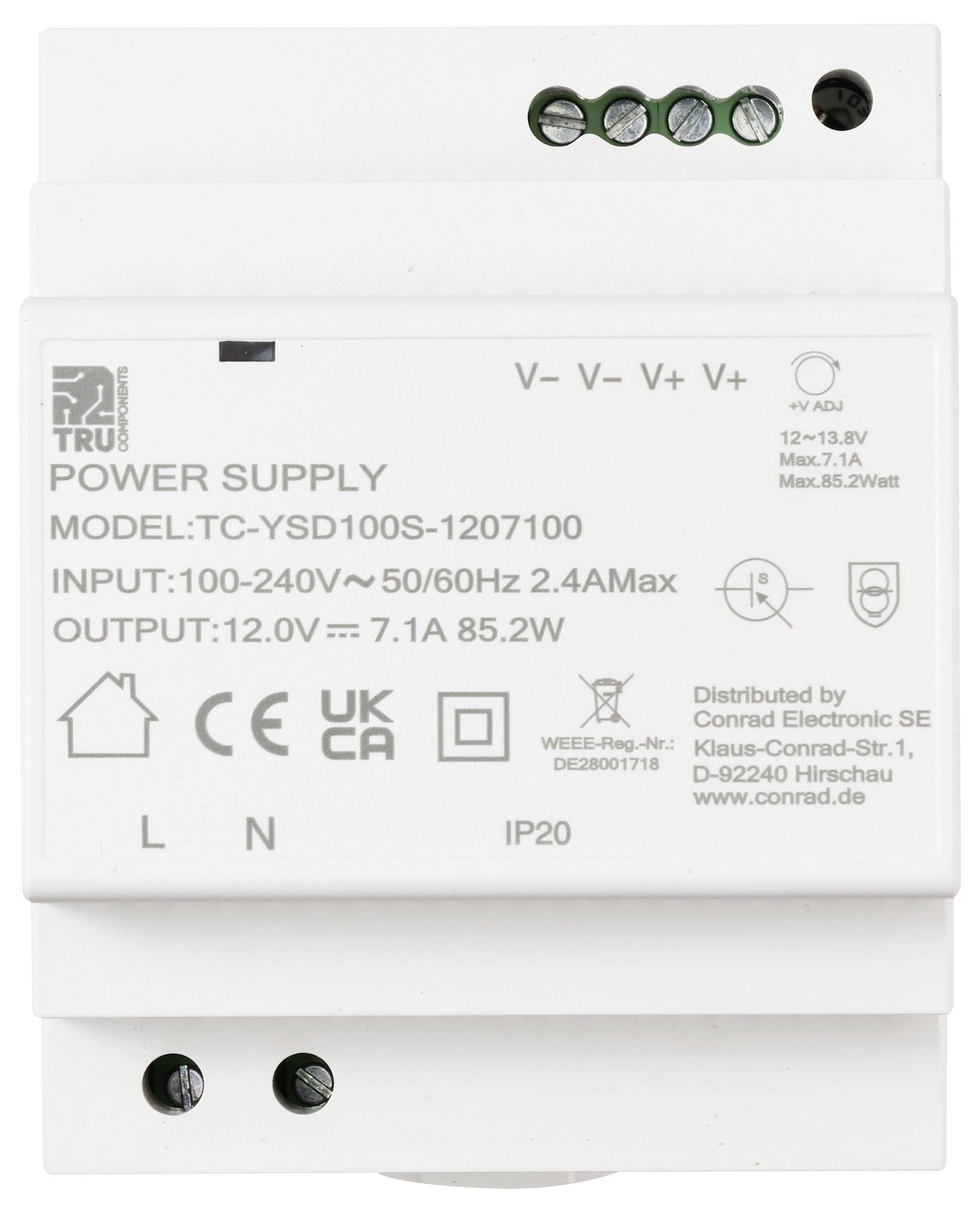 'Power supply module, model TC-YSD100S-1207100, input 100-240V, output 12.0V. Distributed by Conrad Electronic SE.'