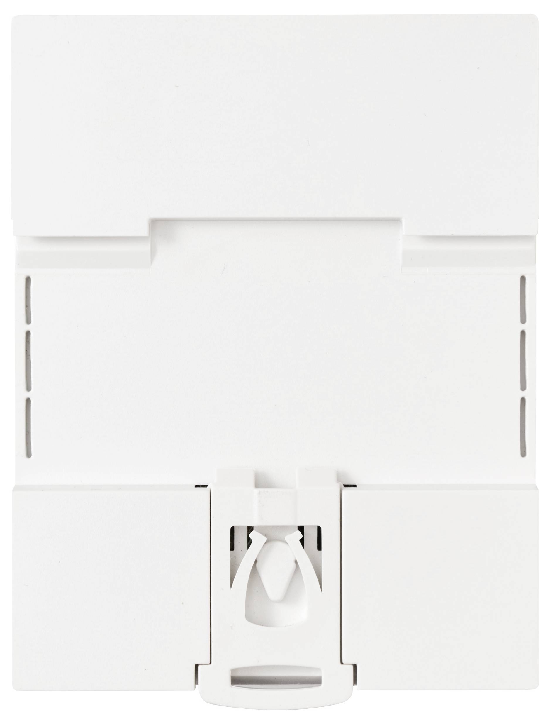 A white plastic wall-mounted holder with a clip for securing or organizing items.