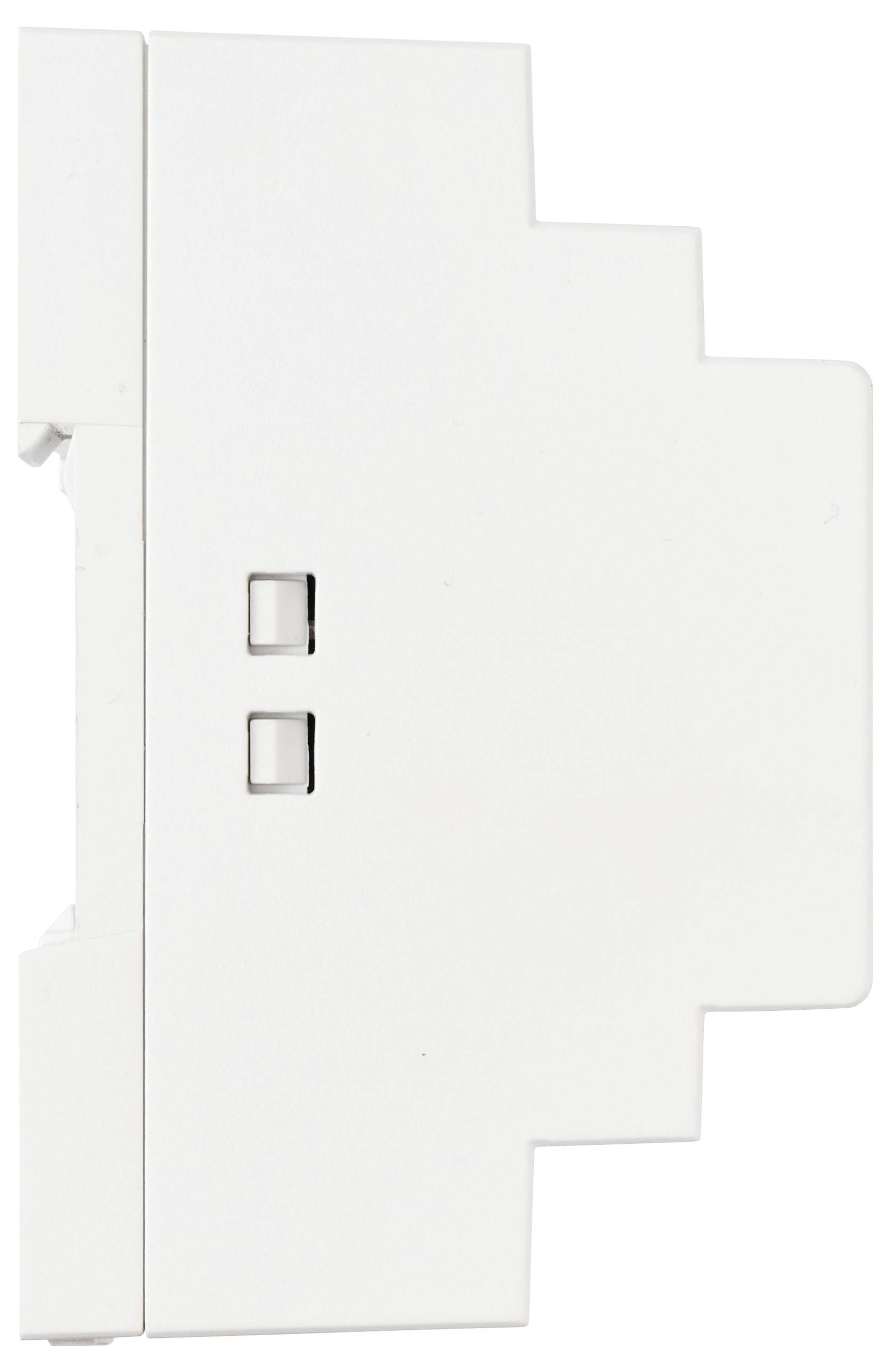 A white, stepped electronic module featuring two small rectangular buttons on its flat side.