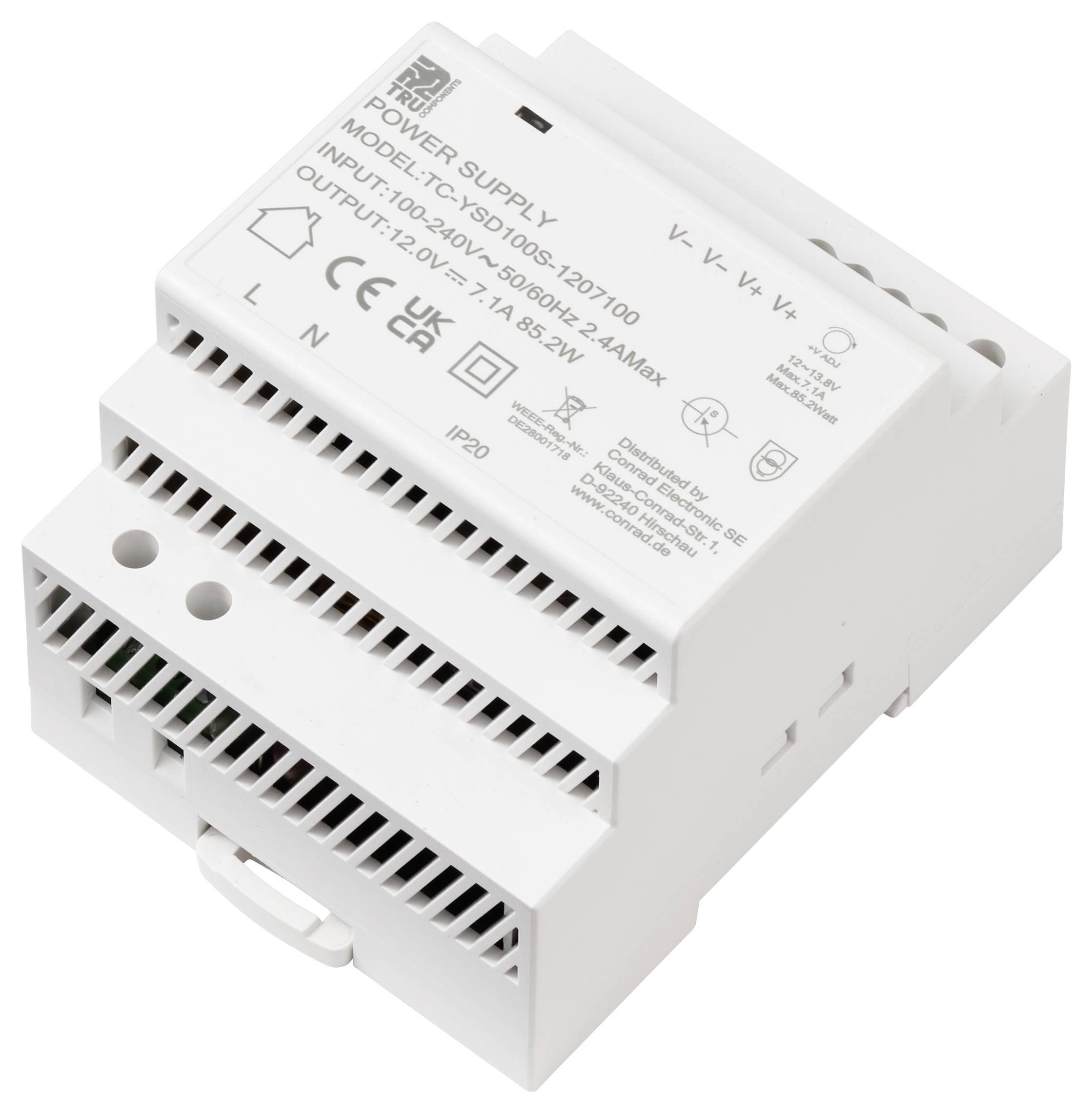 A white DIN rail mountable power supply labeled 'MODEL: TCV100615071000', input '100-240V', output '14-86V', CE certified, 2A.