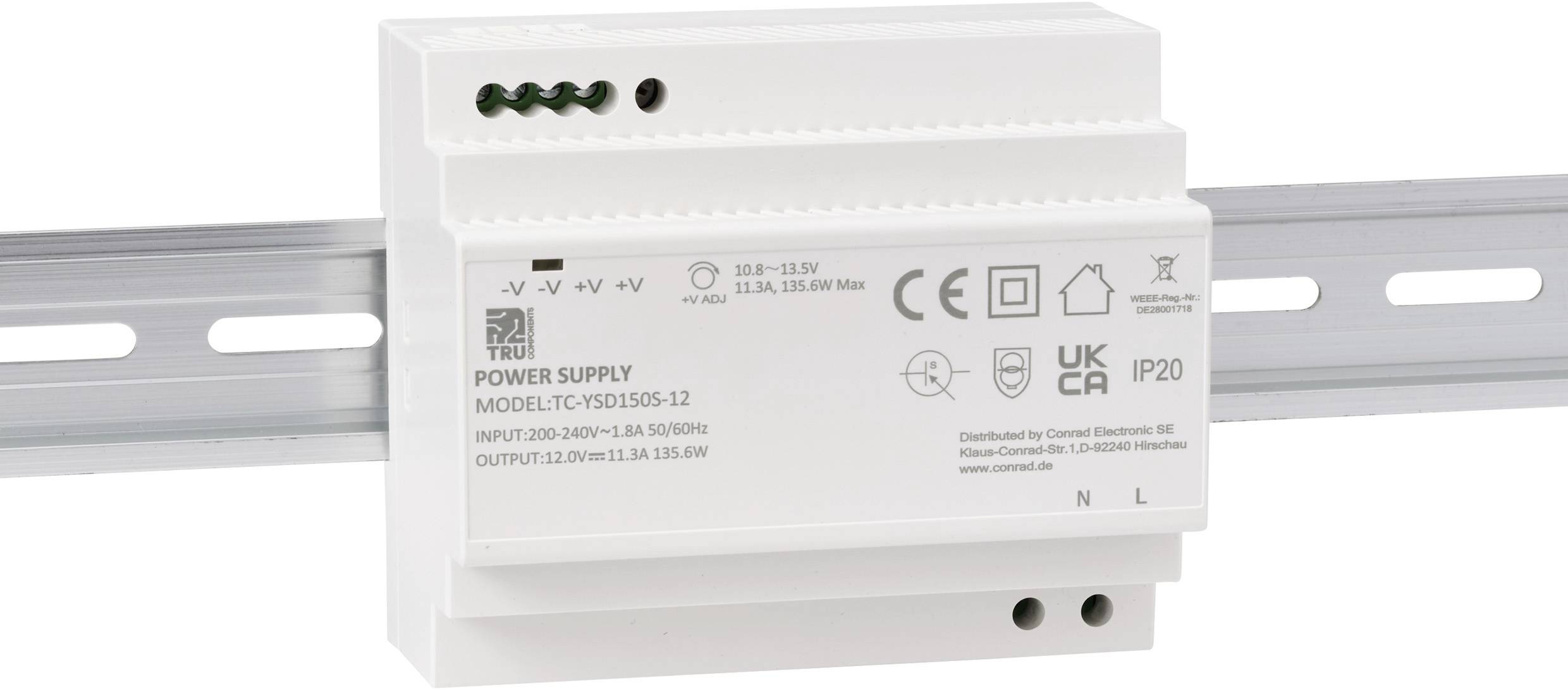 'TRU Power Supply Model TC-YSD150-12' shown on a DIN rail. Input: 220-240V, 1.3A, 50/60Hz; Output: 12V, 12.5A, 150W max; Certifications: CE, UKCA.