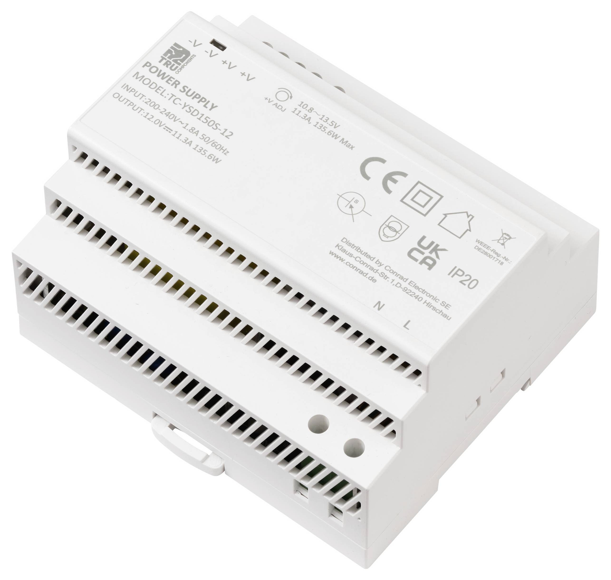 A white electronic power supply module with technical specifications and certification logos on the top surface, designated for electrical systems.