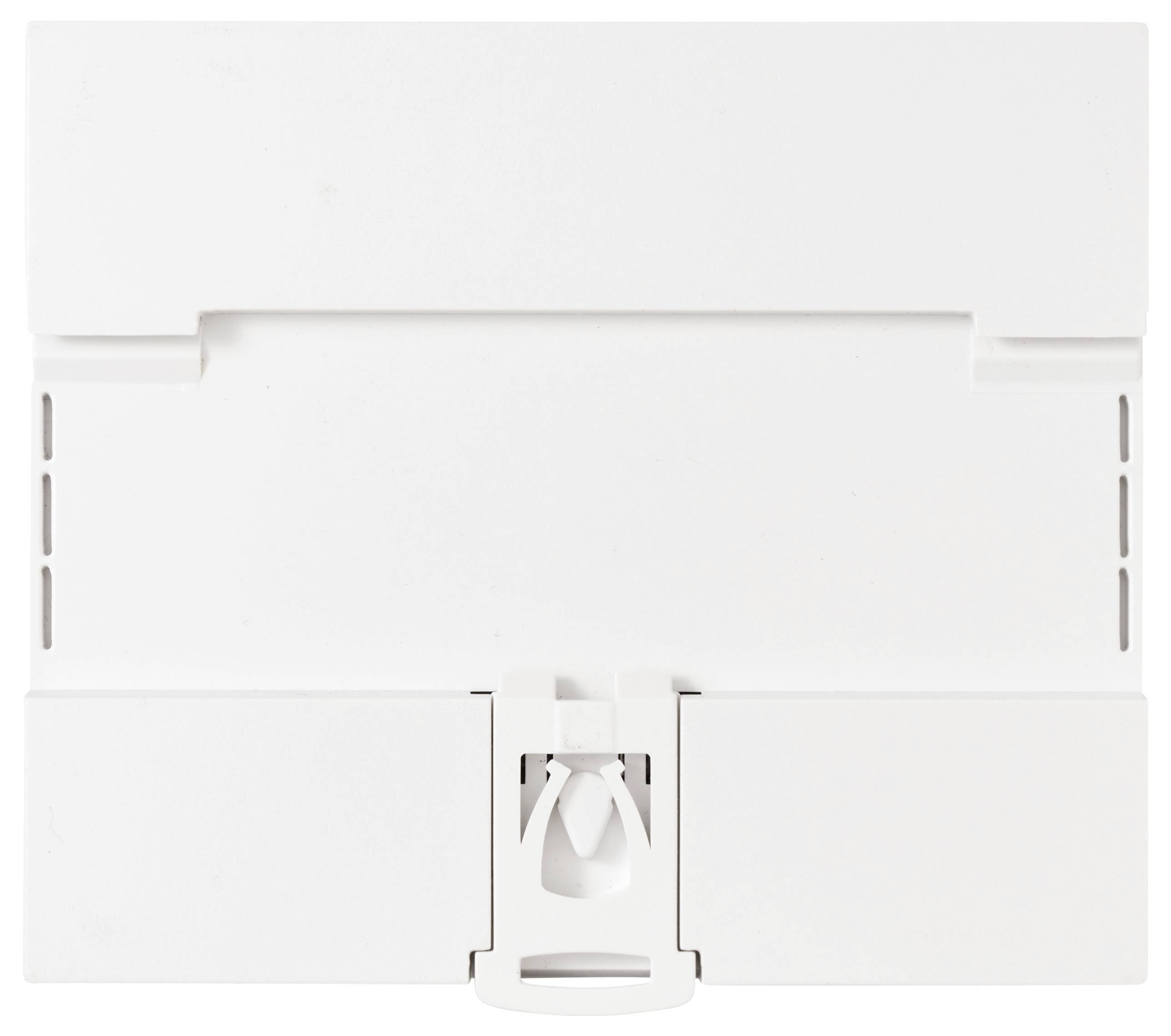 A plain white rectangular object with a subtle fold and latch at the bottom, possibly a storage container or part of a larger assembly.