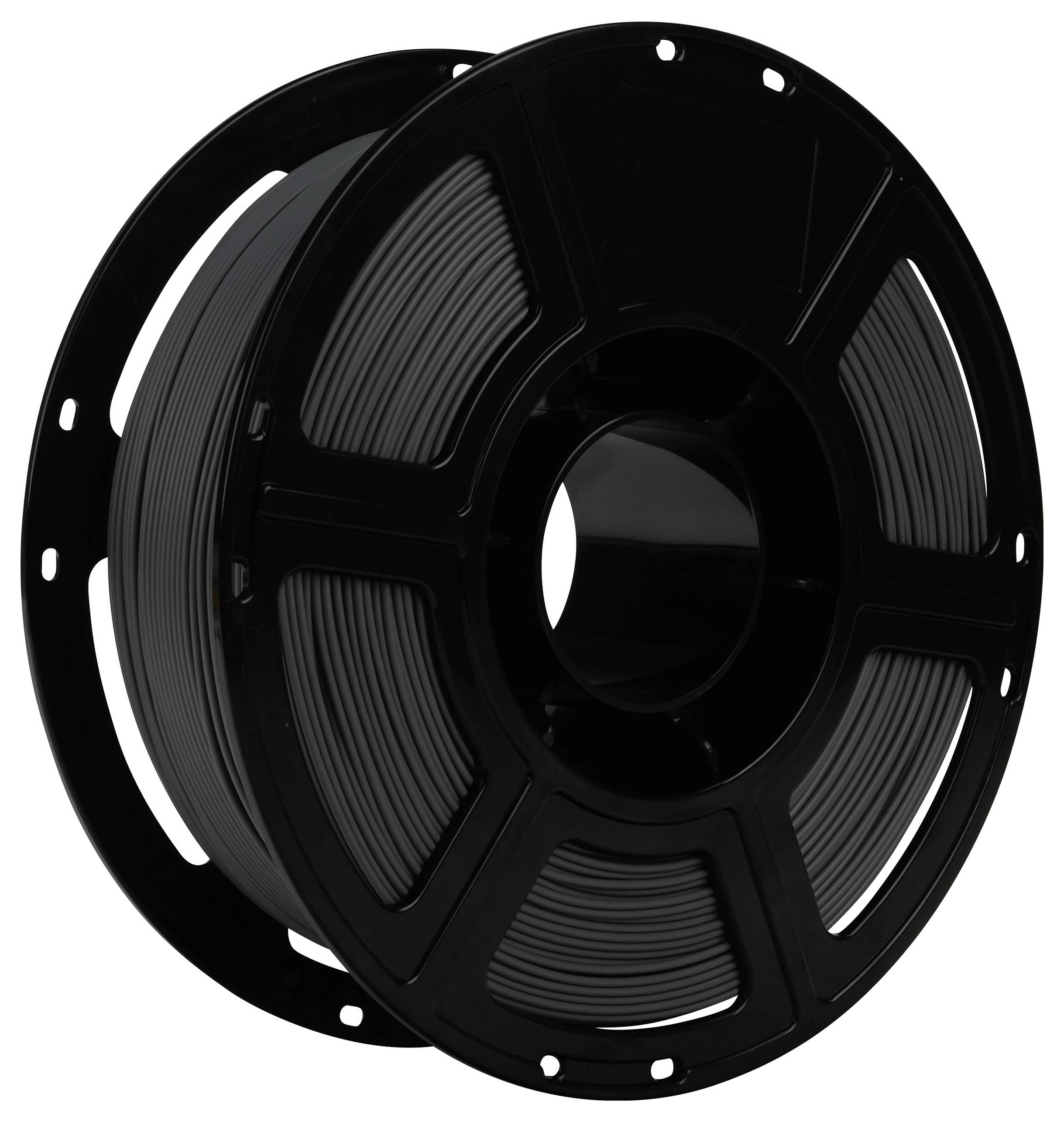 A spool of black plastic filament for 3D printing, coiled neatly on a reel.