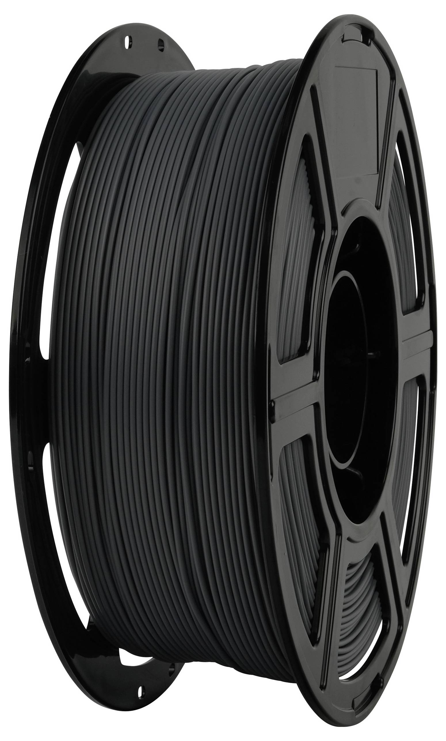 A large spool of black filament, commonly used for 3D printing, wound neatly and tightly.