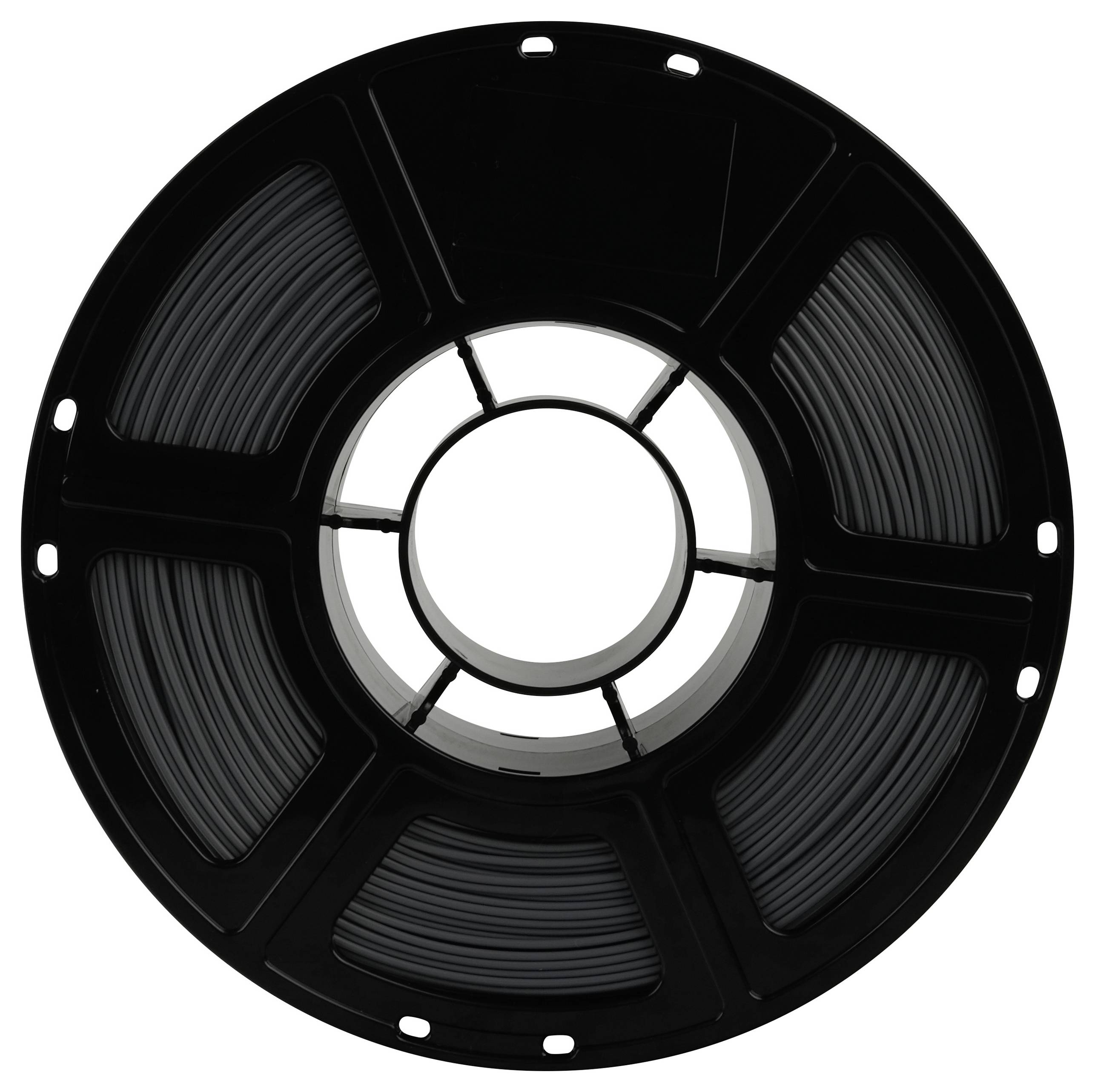 A black spool of 3D printer filament is shown, wound neatly around the central hub, ready for use in a 3D printing machine.