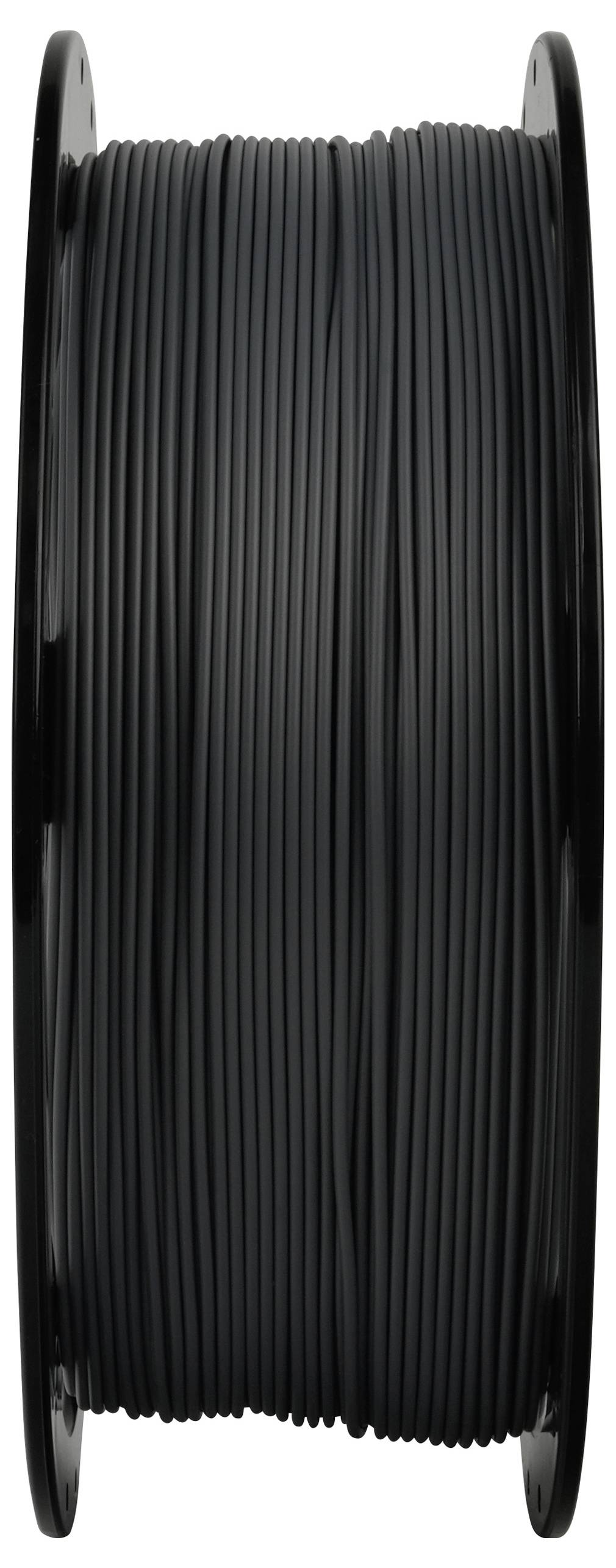 A spool of black filament, typically used for 3D printing, wound neatly on a reel.