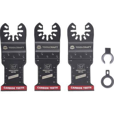 Three heavy-duty metal saw blades with carbide teeth displayed vertically, featuring measurement markers and 'TOOLCRAFT' branding. Two round attachments are shown on the right.