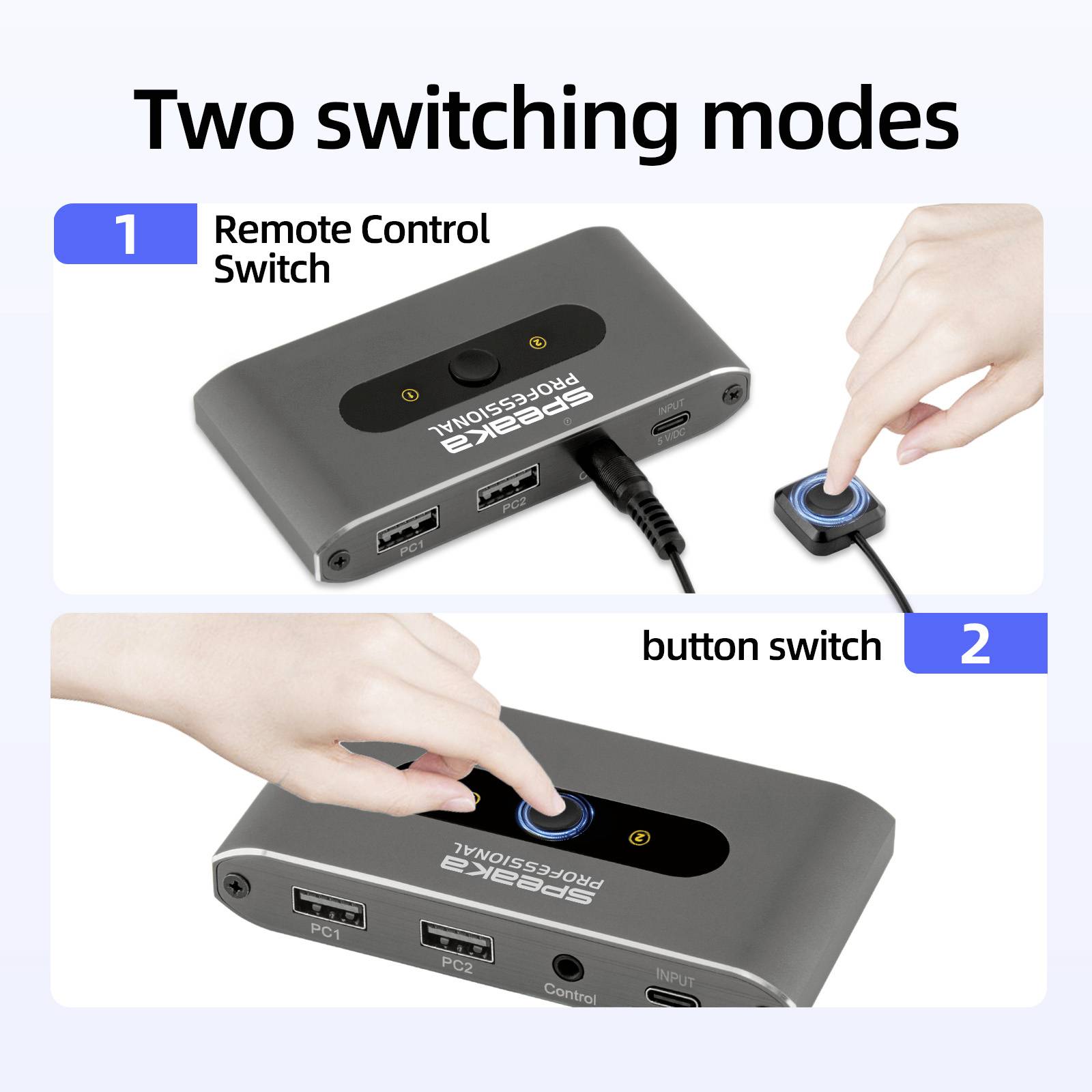 The image shows a dual-mode HDMI switch. Mode 1 uses a remote control switch, and mode 2 is a manual button switch, demonstrated by a hand.