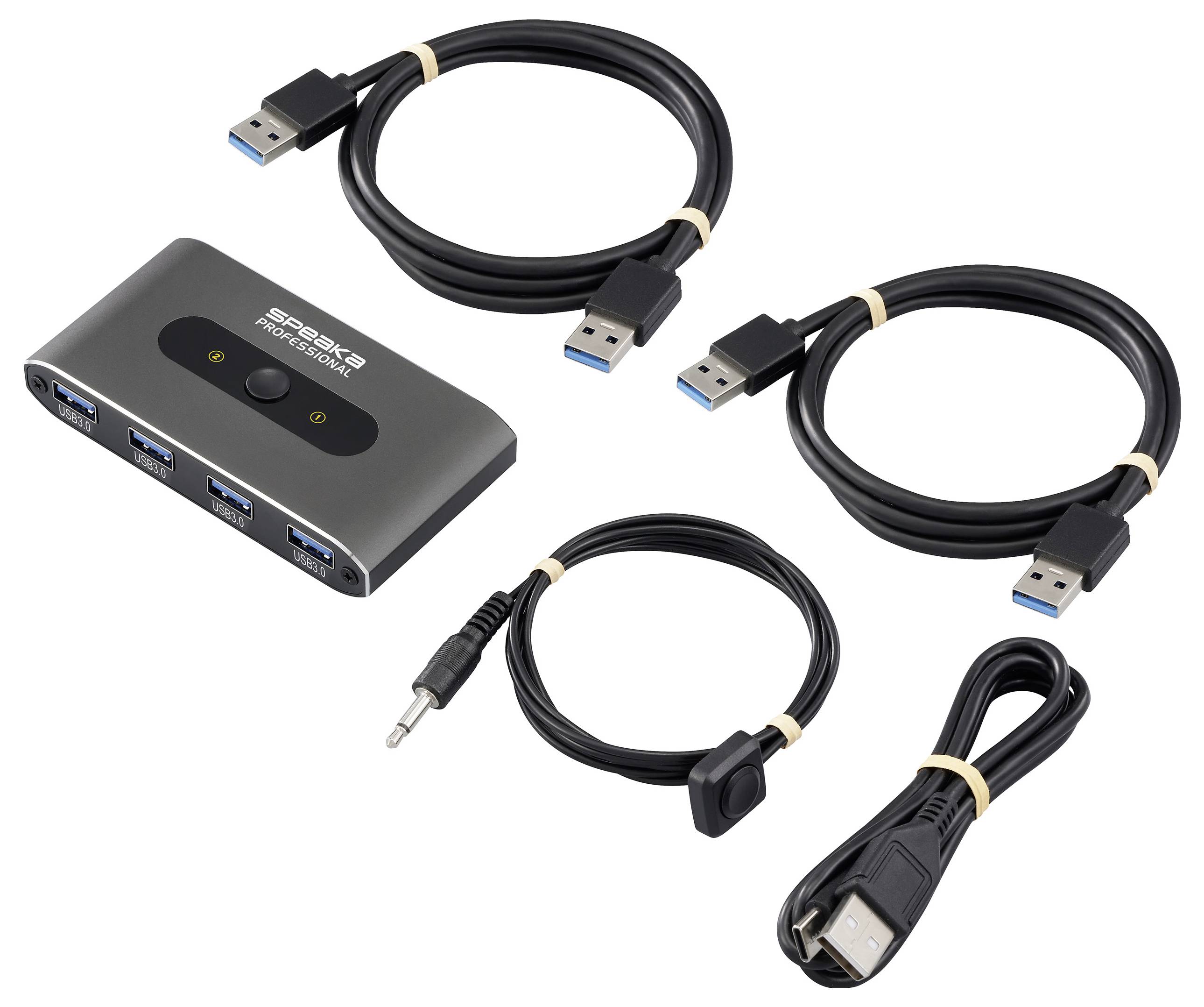 A USB switch with four USB 3.0 ports, three USB cables, an audio cable, and a power cord, used to connect multiple devices to one computer.