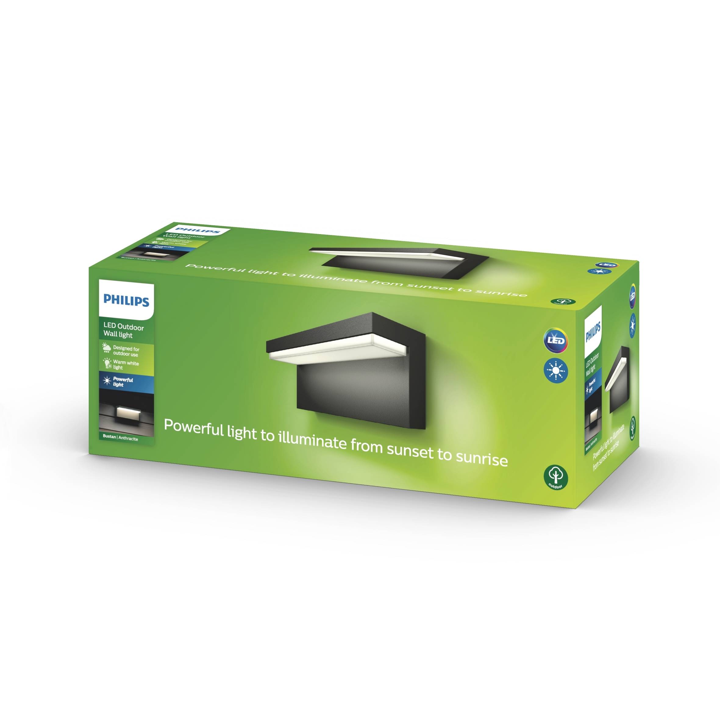 Packaging of a Philips LED outdoor light with image of the fixture; text promises 'bright light from sunset to sunrise'.