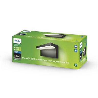 Packaging of a Philips LED outdoor light with image of the fixture; text promises 'bright light from sunset to sunrise'.