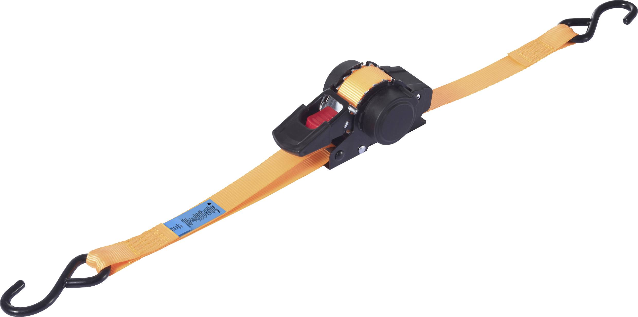 An orange ratchet strap with black hardware and hooks at both ends, used for securing loads in transit.