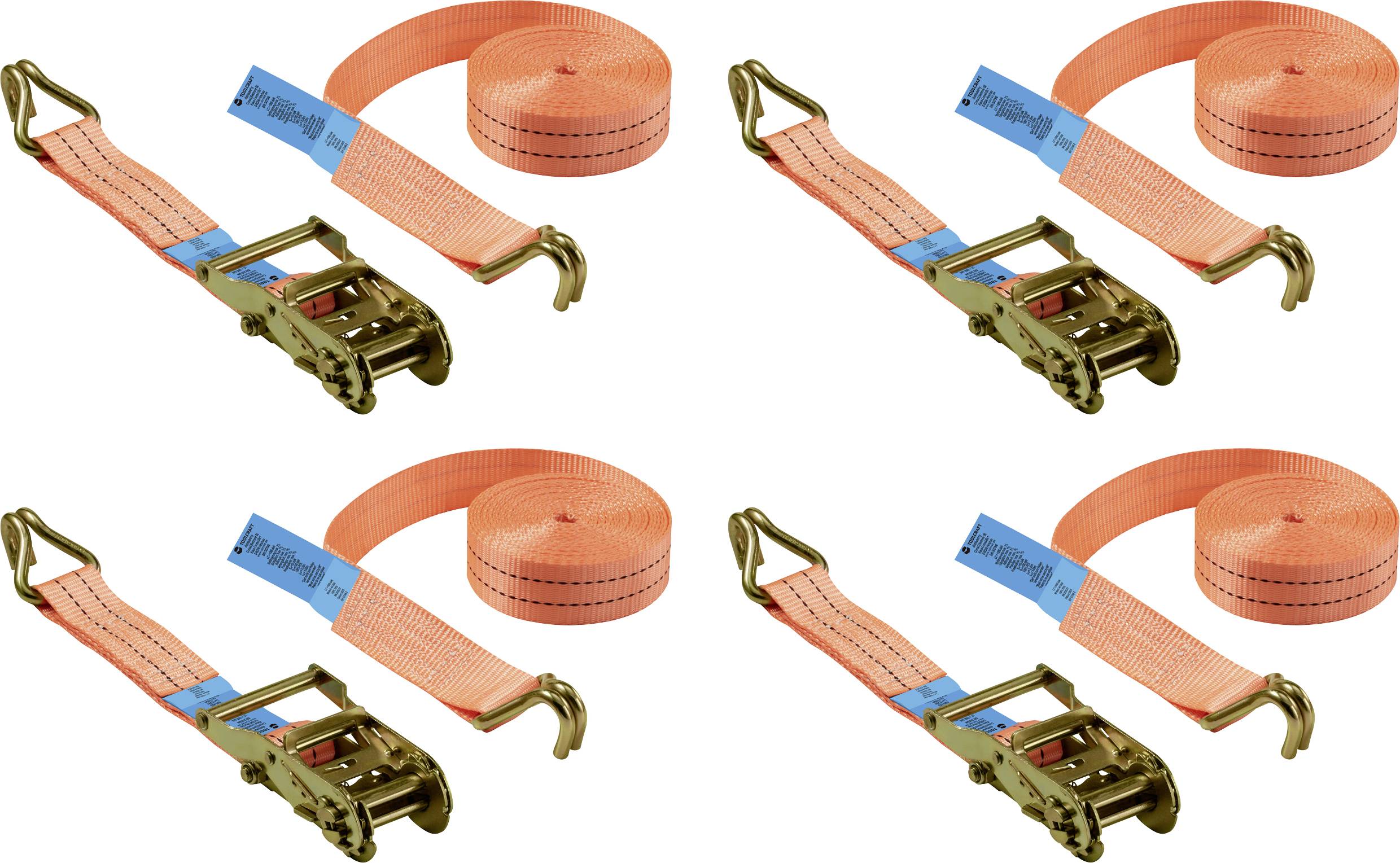 Four orange ratchet straps with hooks, used for securing loads, displayed in two rows.