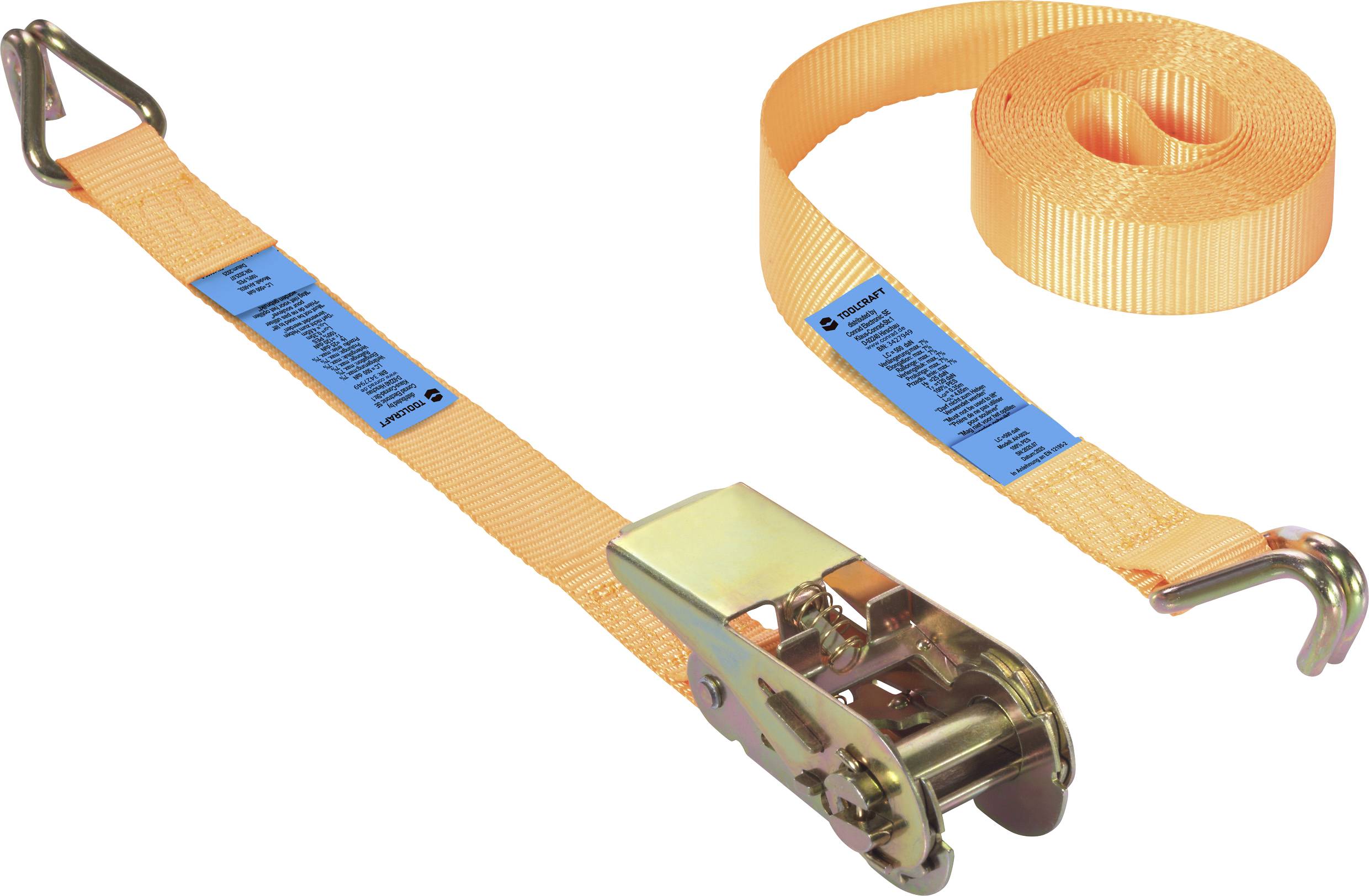An orange ratchet tie-down strap with metal hooks and a blue label is coiled on one end and fully extended on the other.
