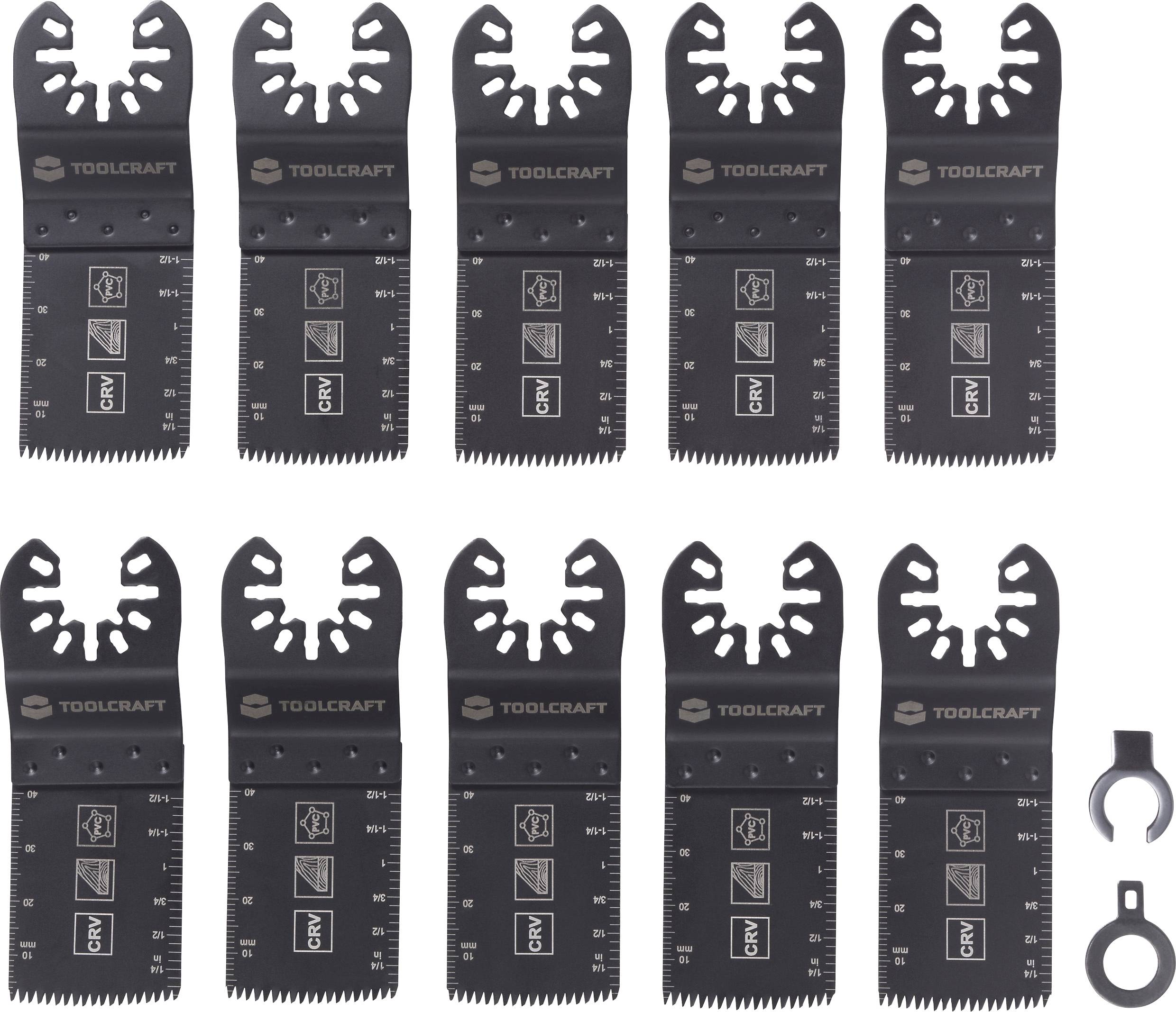 'Set of ten black oscillating tool blades with various markings, accompanied by two black washer-like accessories.'