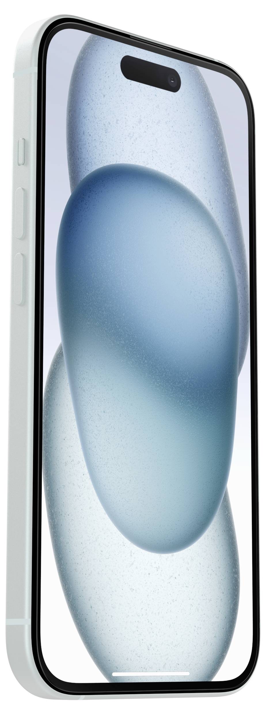 Front view of a light blue smartphone with a pill-shaped front camera cutout and abstract blue wallpaper on the screen.