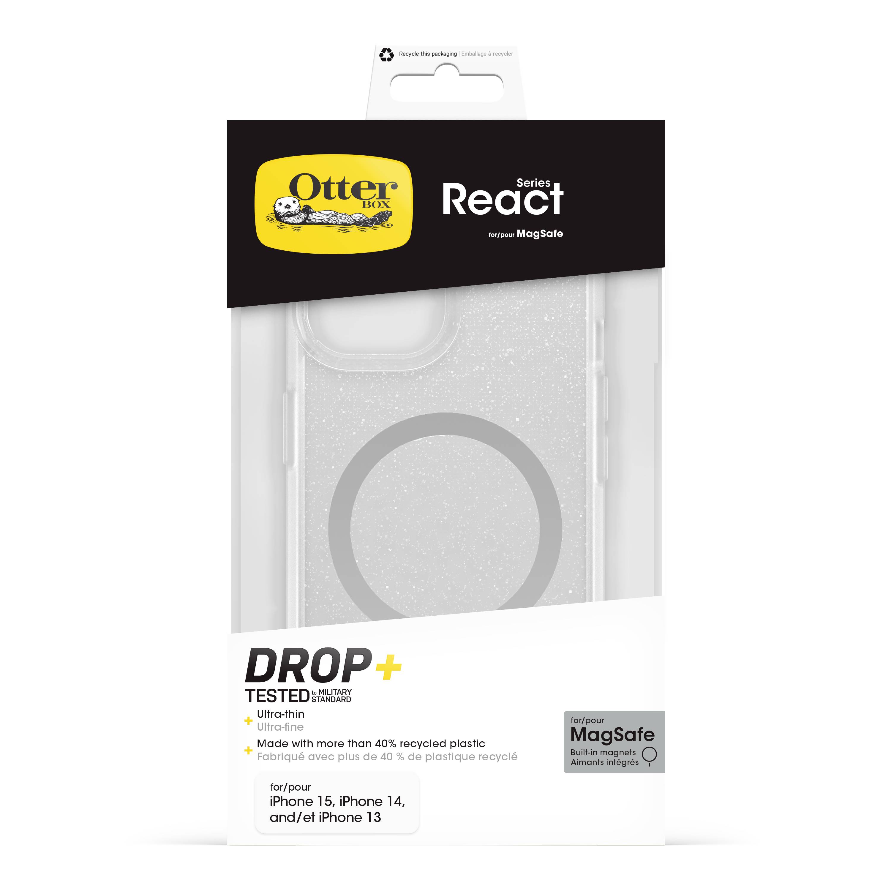 A clear protective case from the brand 'OtterBox React' for iPhone 15, iPhone 14 and iPhone 13, compatible with MagSafe.