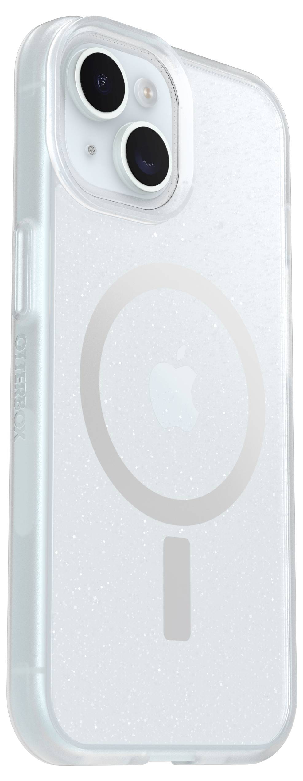 Transparent phone case with circular MagSafe design and Apple logo, compatible with smartphone, provides protection and compatibility.