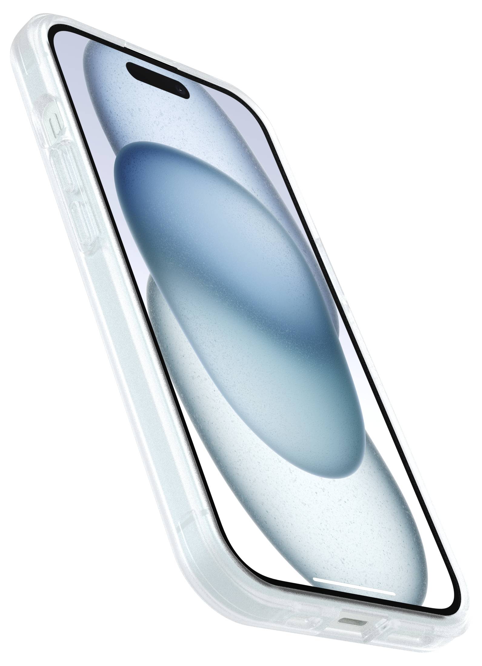 Smartphone with blue abstract background on the display, shown in a transparent case, arranged diagonally.