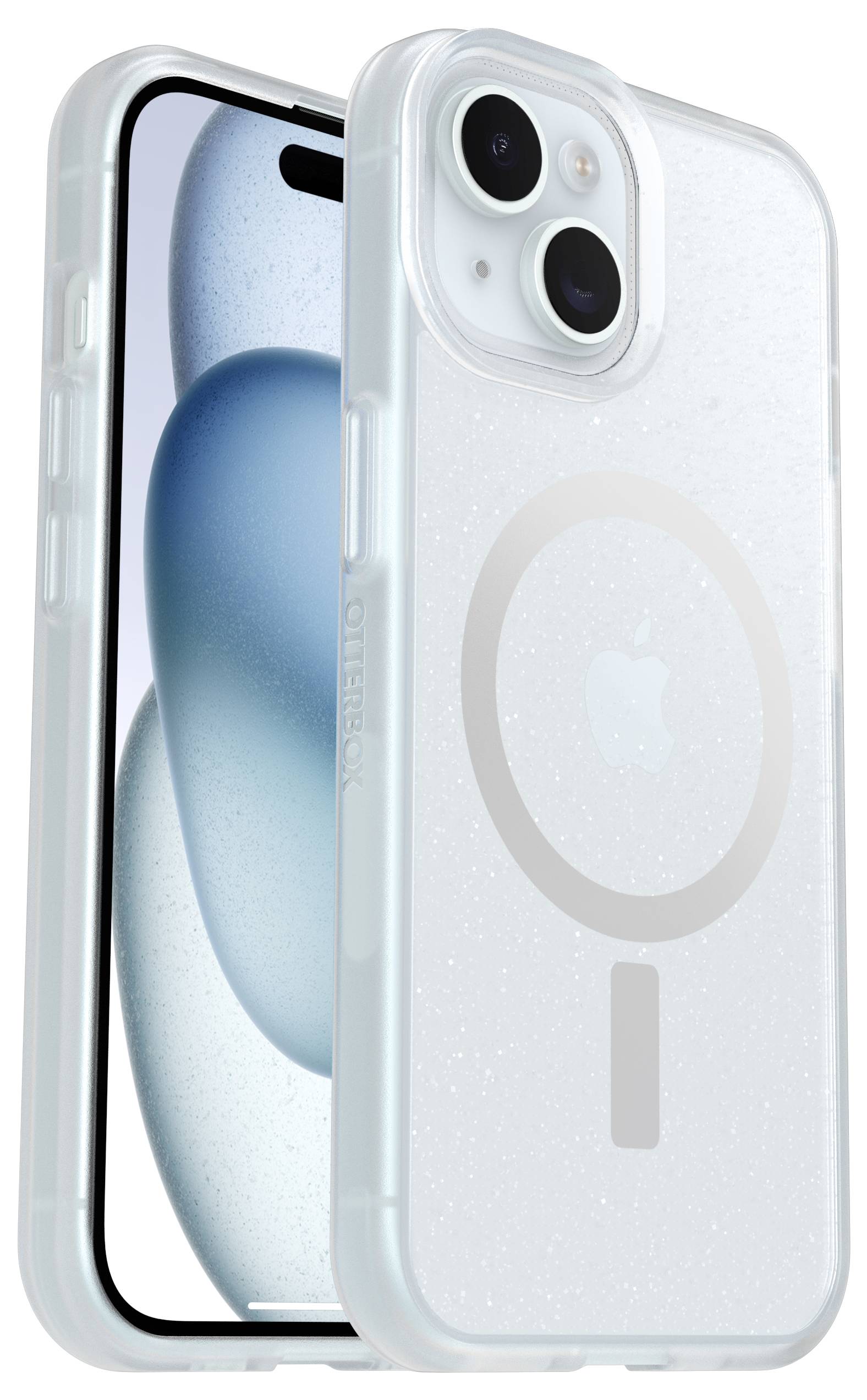 Transparent smartphone case with MagSafe ring, compatible with a modern mobile phone.