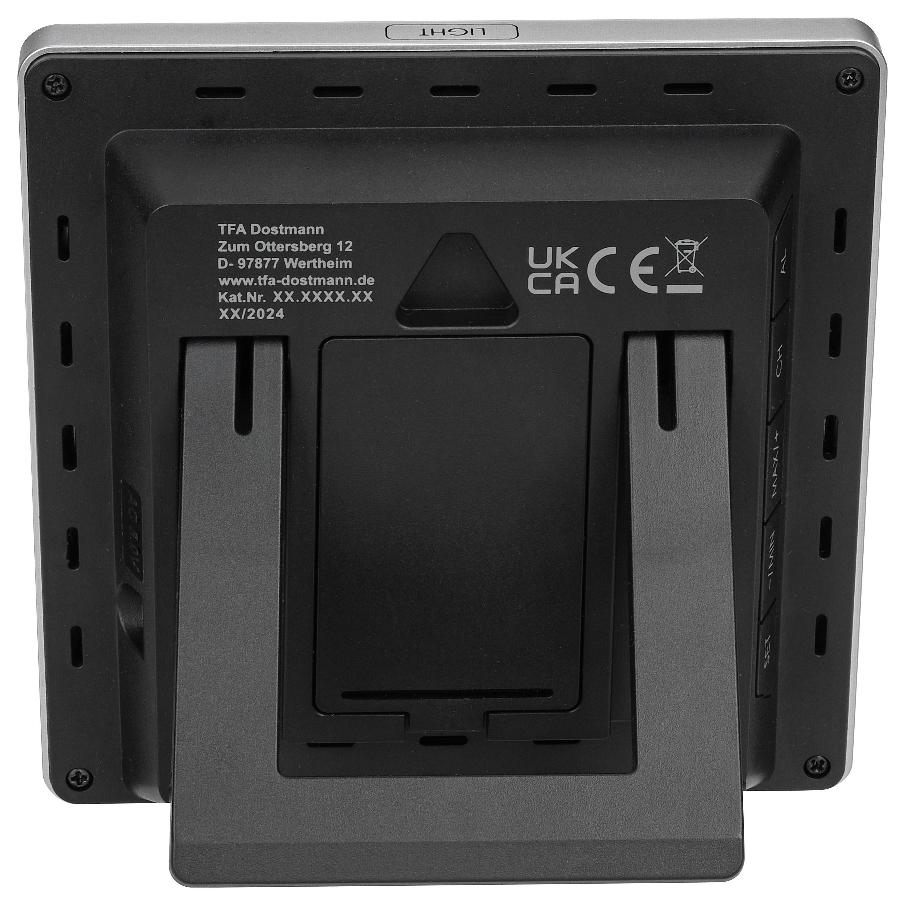 'Back of an electronic device with stand and manufacturer information.'