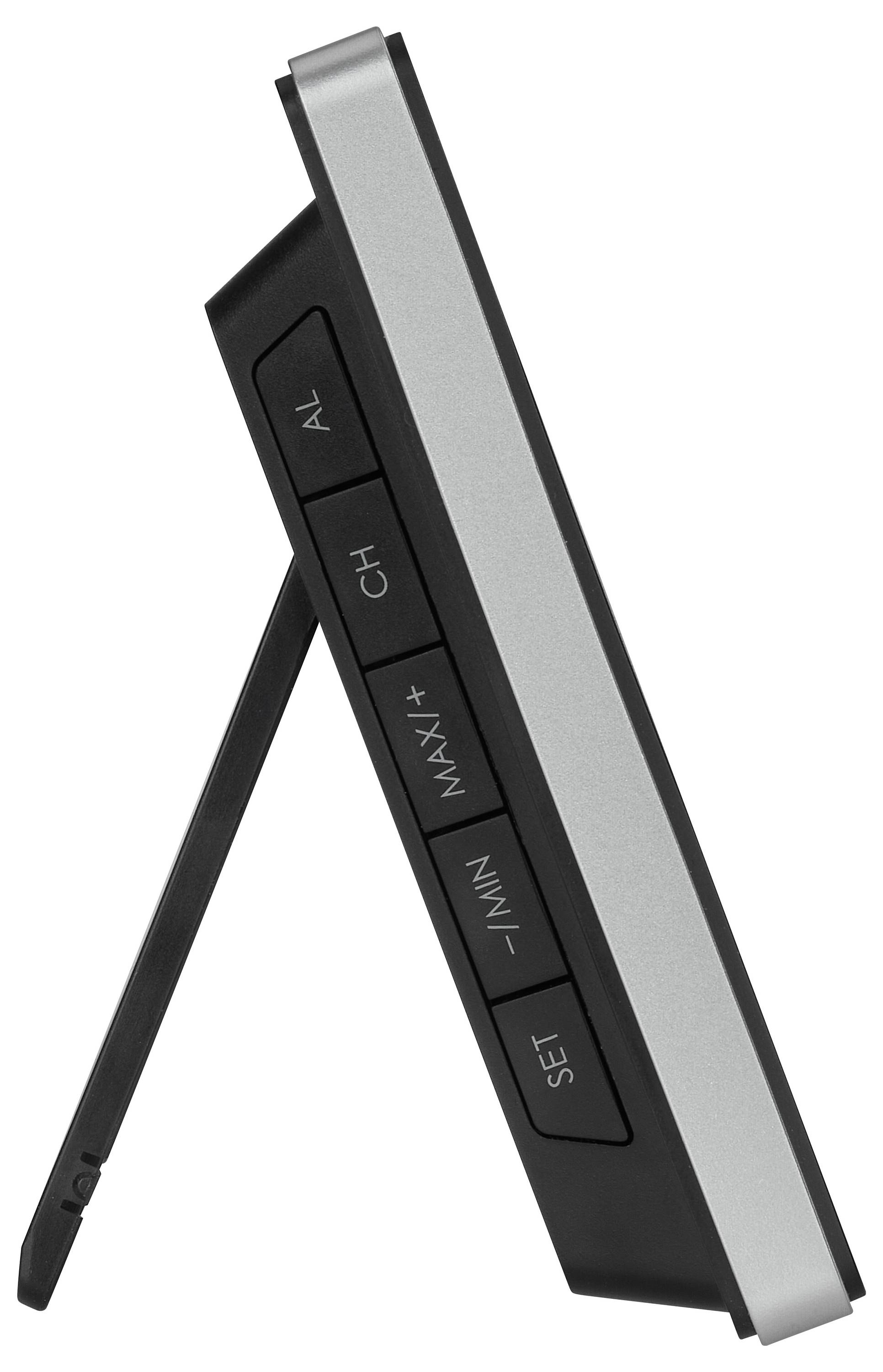Side view of a digital weather station with multiple buttons, including 'AL', 'CH', 'MAX/MIN', and 'SET'.