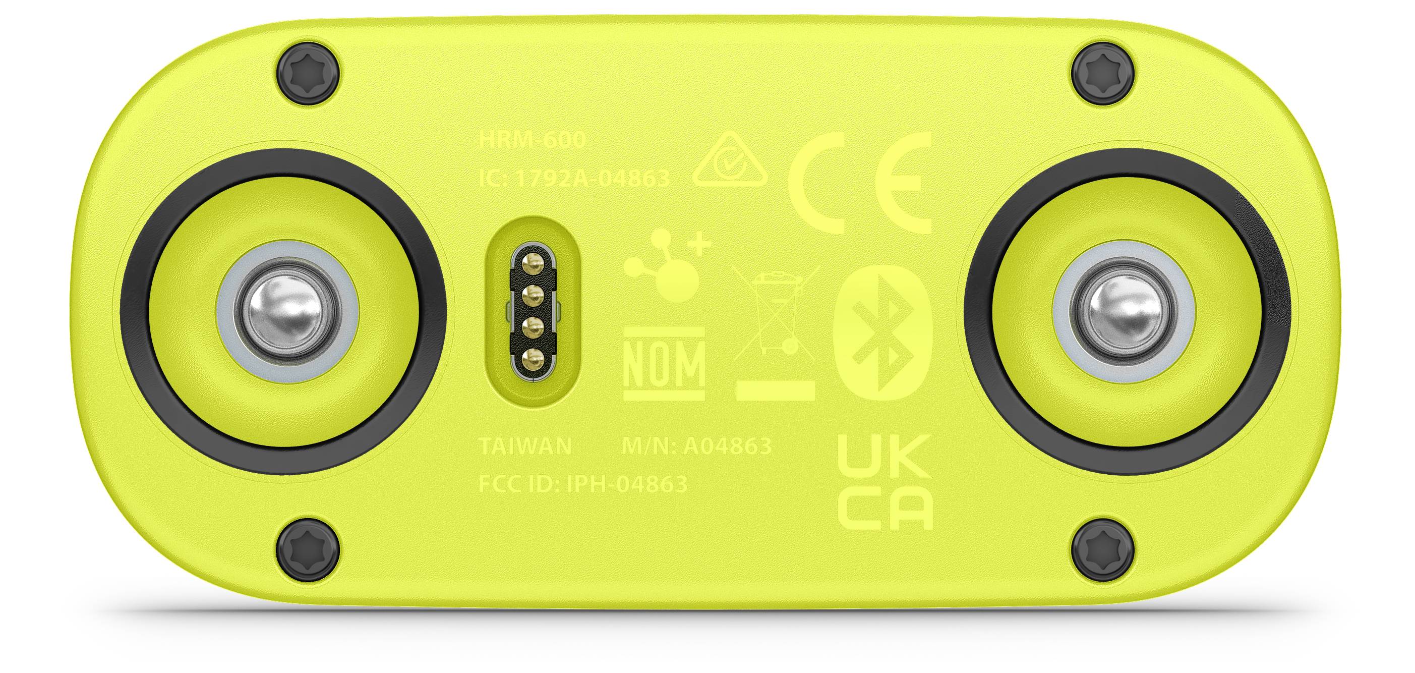 Back of a yellow device with two metal contacts, a connection point, and markings such as 'NOM' and Bluetooth logo visible.