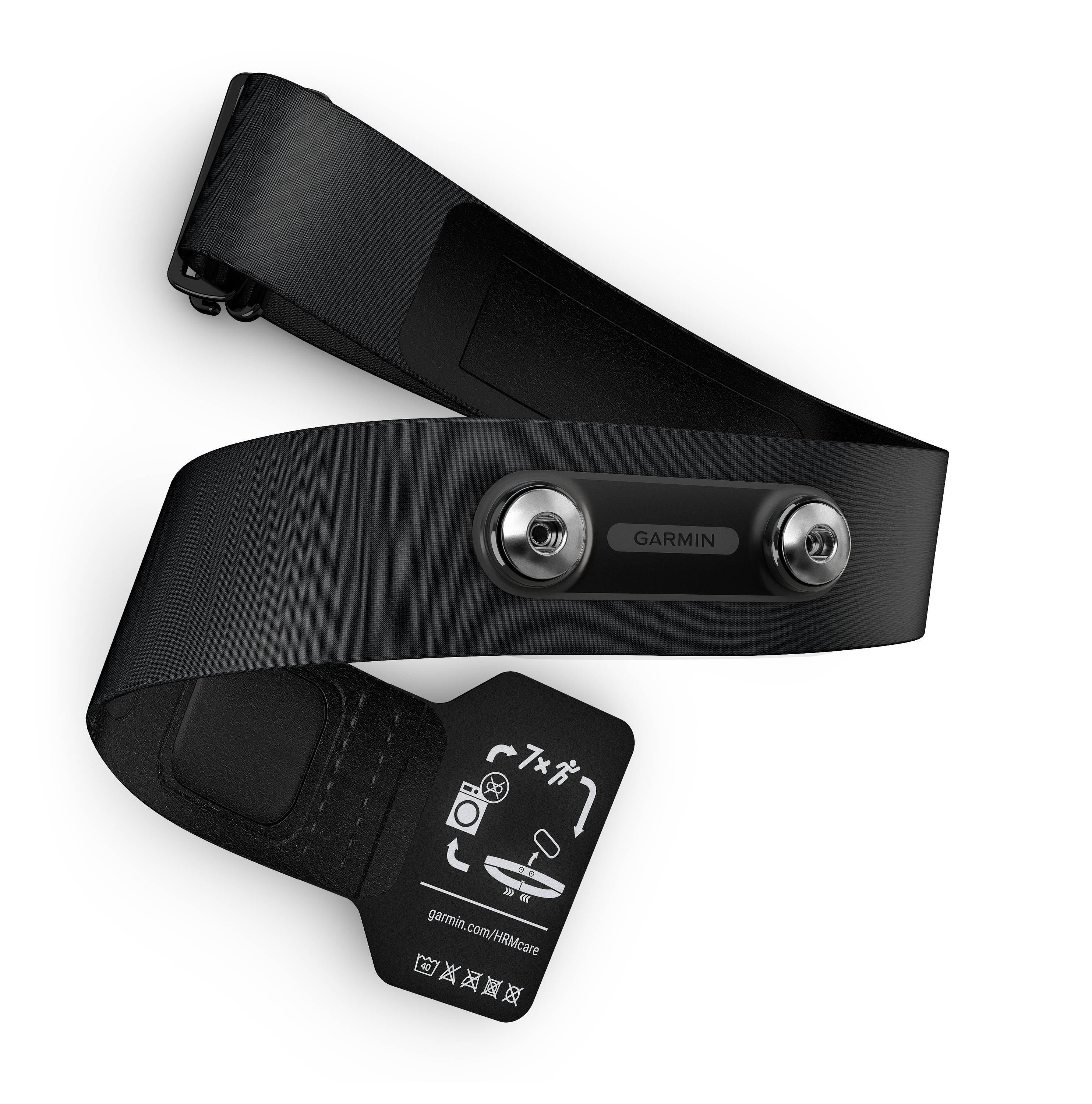 A black chest strap sensor from Garmin with two snap buttons and a label with usage instructions.