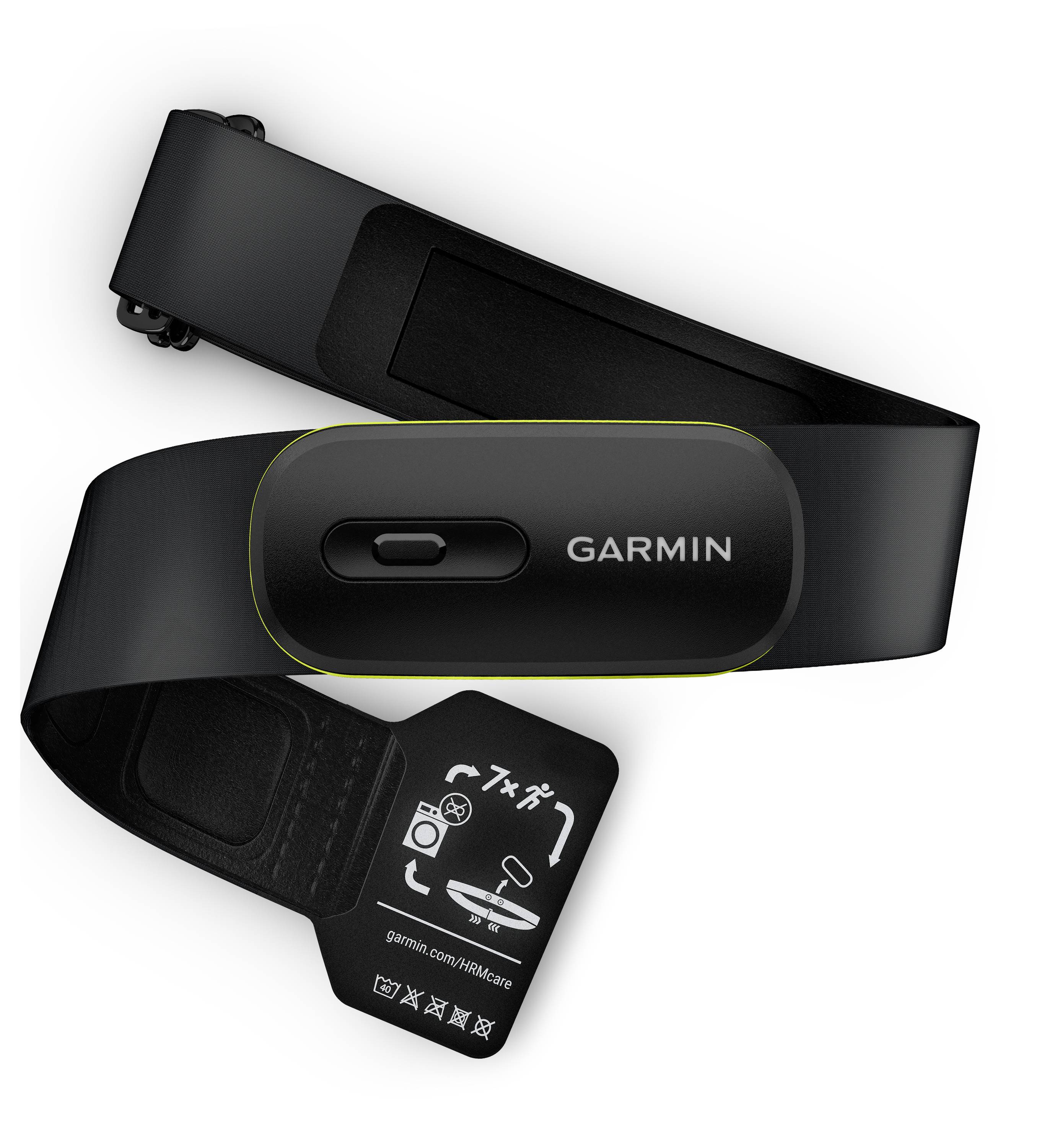 Chest strap with sensor and Garmin logo, used for heart rate measurement during sports activities. Contains usage instructions.