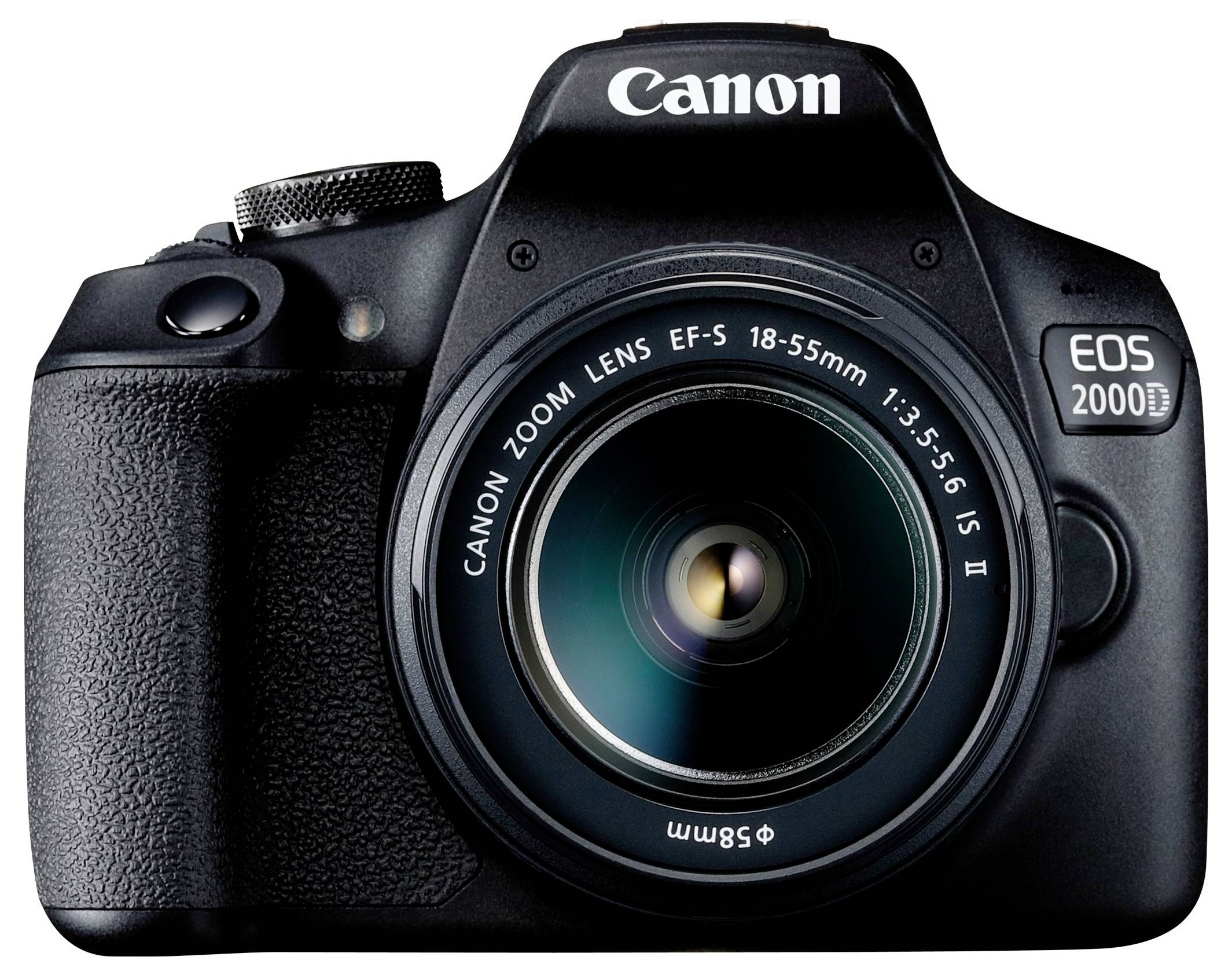 A black digital camera with the inscription 'Canon' and lens 'EOS 2000D', suitable for photography.