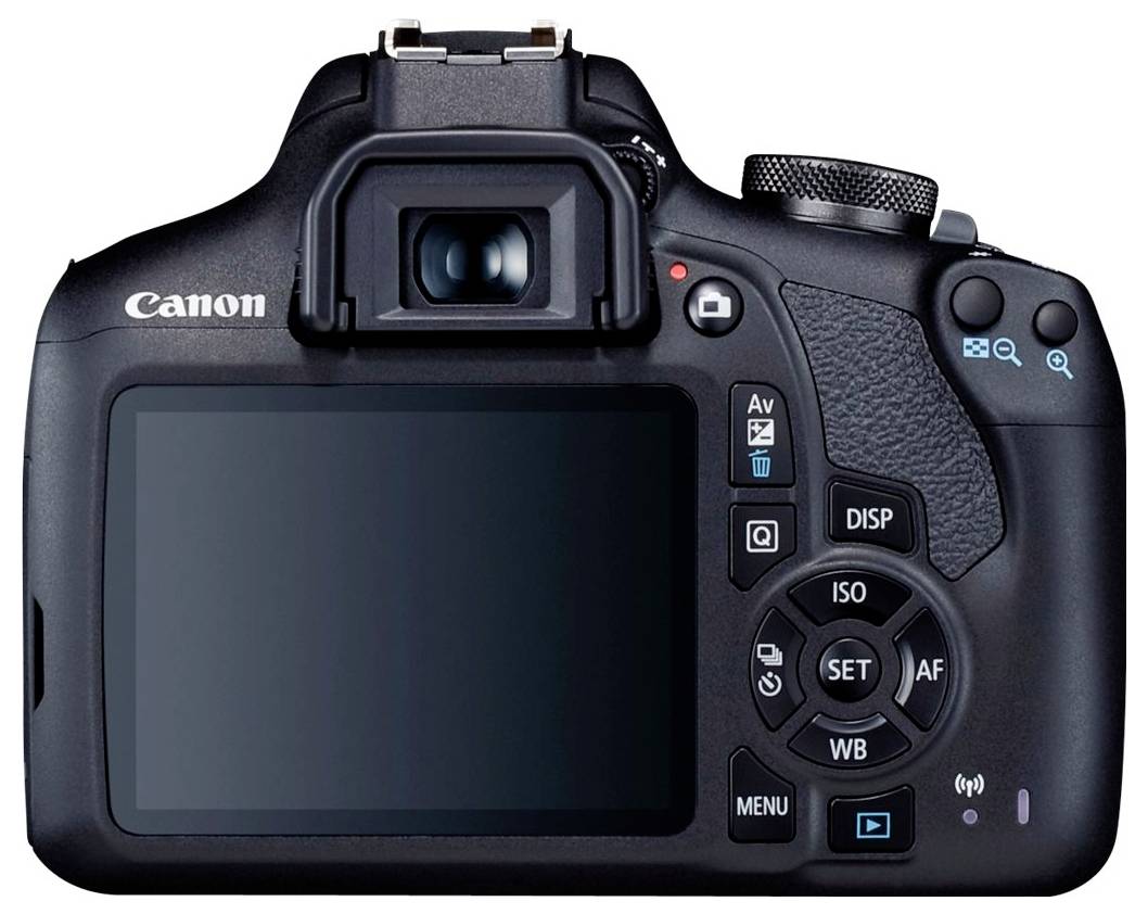 Rear view of a digital SLR camera with display, viewfinder and control elements, including buttons for menu and settings.