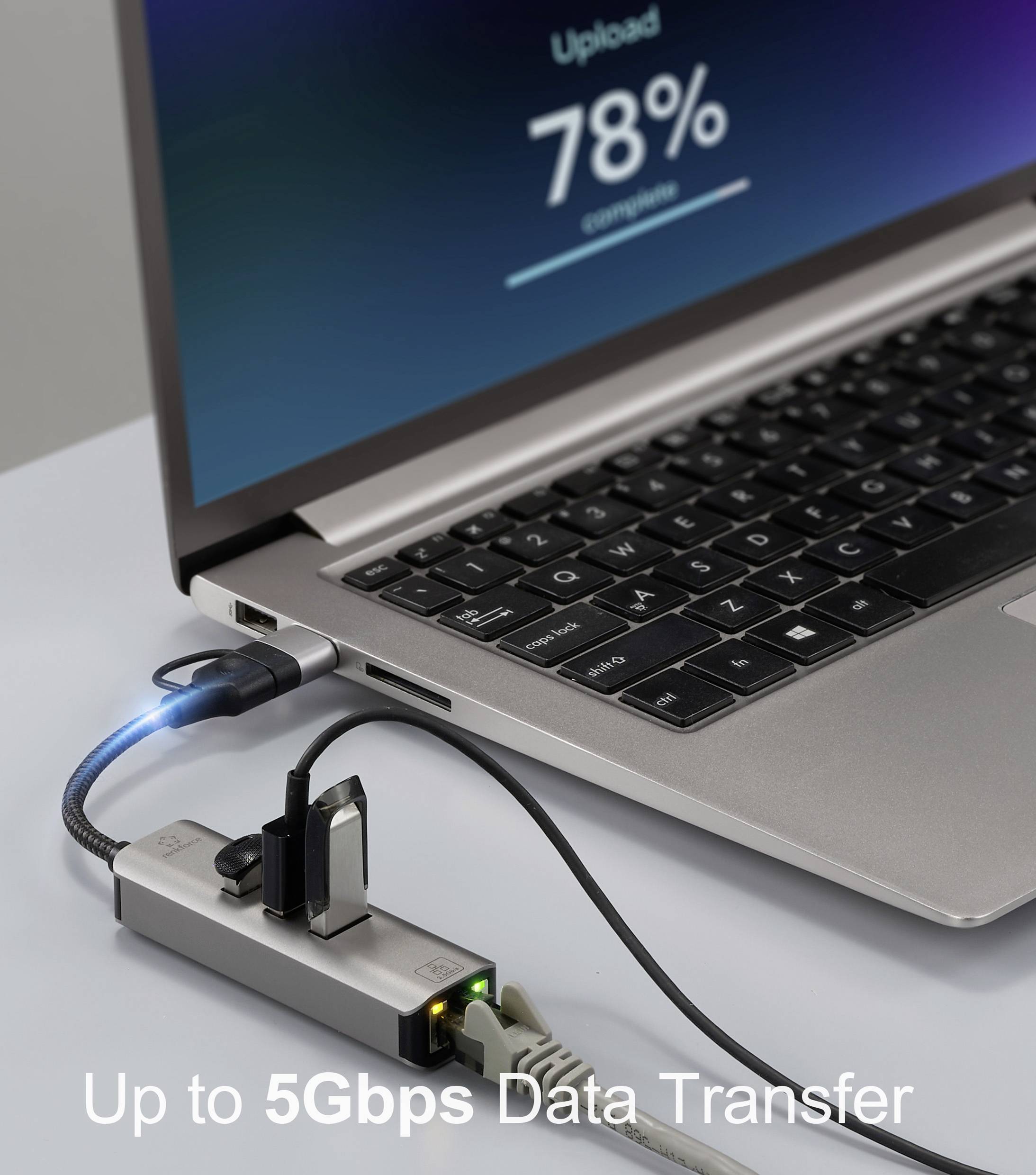 A laptop connected to a USB hub showing 78% upload progress on the screen. Text reads 'Up to 5Gbps Data Transfer.'