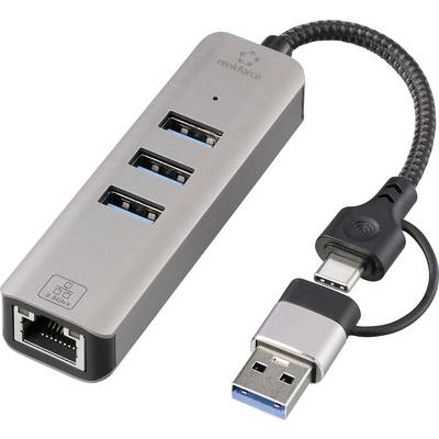 USB hub with three USB ports, an Ethernet port, and a braided cable with USB-C and USB-A connectors.