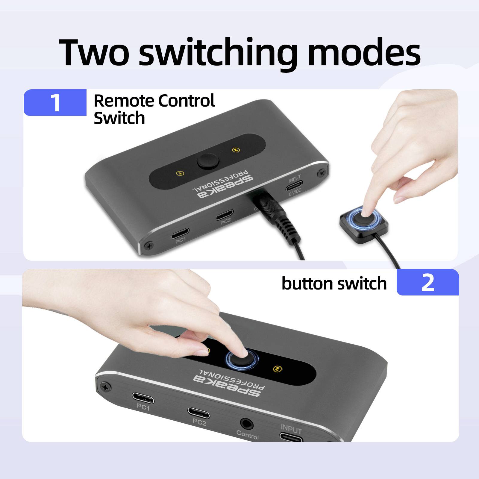 'Two switching modes: 1. Remote Control Switch' showing a connected remote and hand pressing button, '2. Button switch' with hand pressing a button on the device.