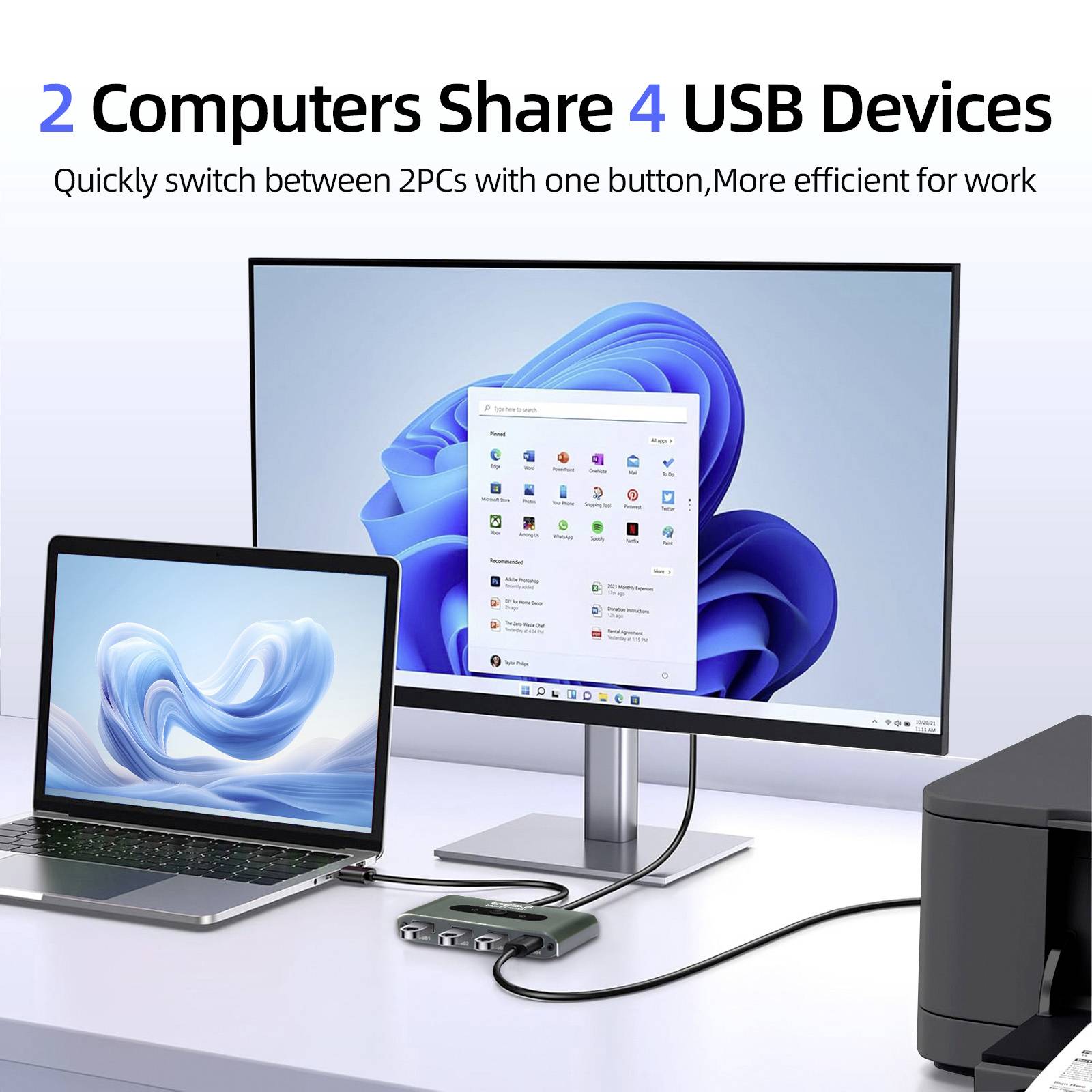'2 Computers Share 4 USB Devices' is shown. Desktop and laptop connected to a USB switch; facilitates easy switching for efficient work.