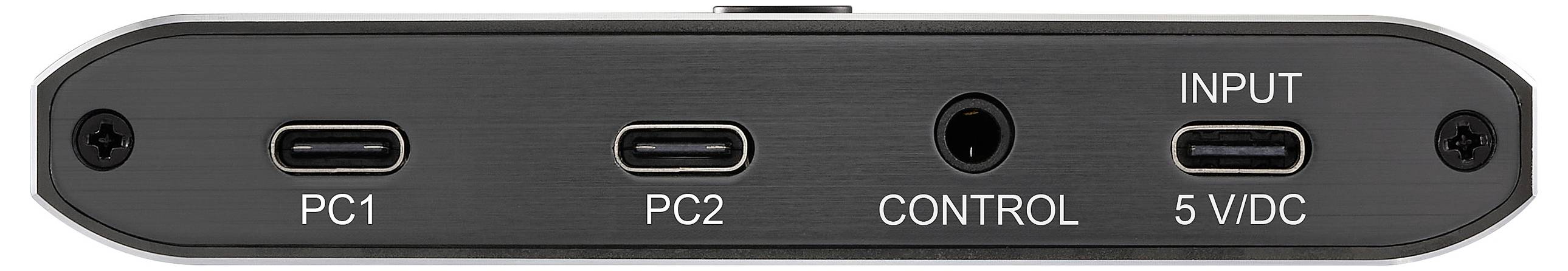 Back view of an electronic device with ports labeled 'PC1', 'PC2', 'CONTROL', and '5V/DC INPUT', indicating connectivity options.