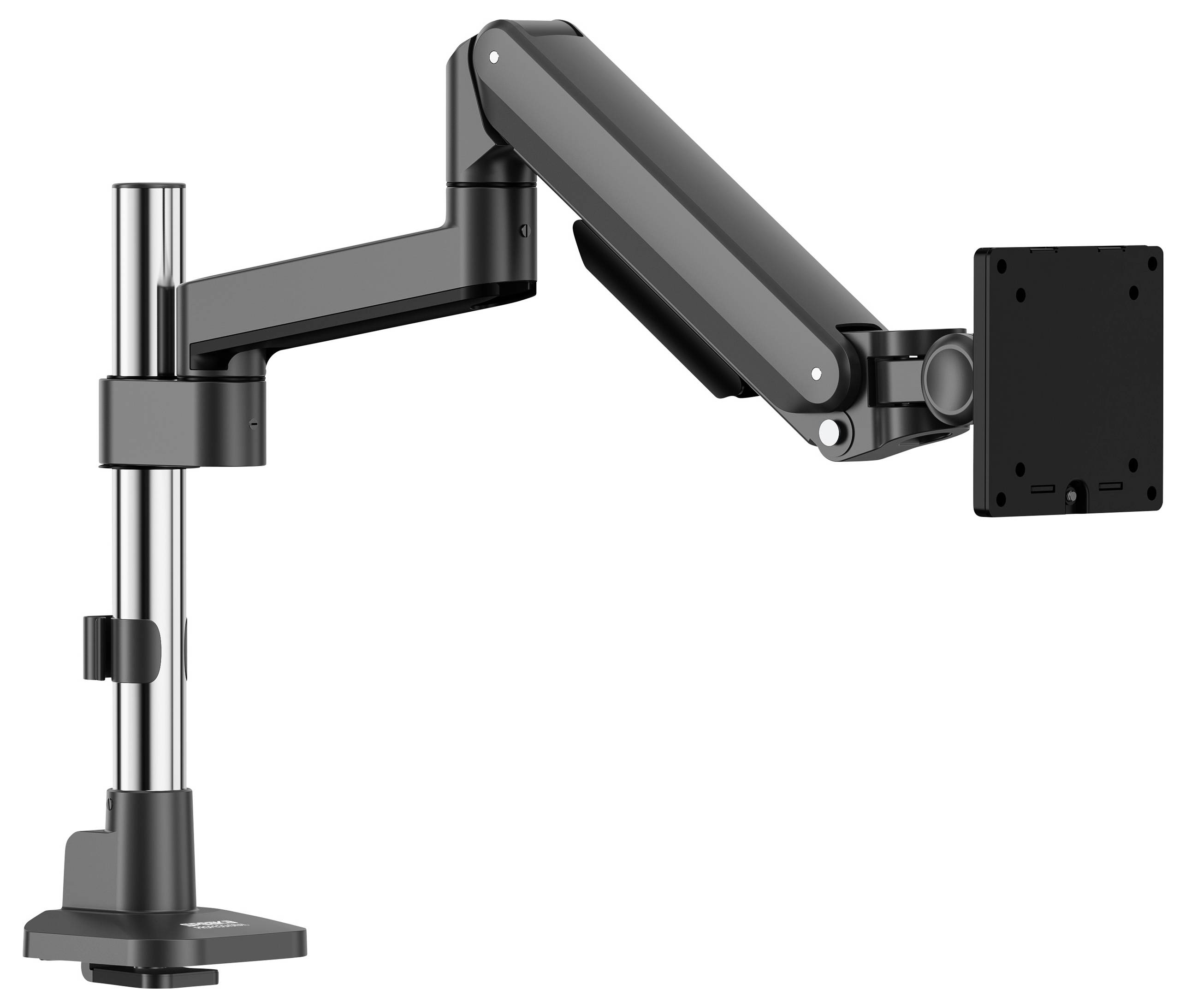 An adjustable monitor arm with a clamp base, designed to hold and position a computer screen, is depicted in a side profile view.
