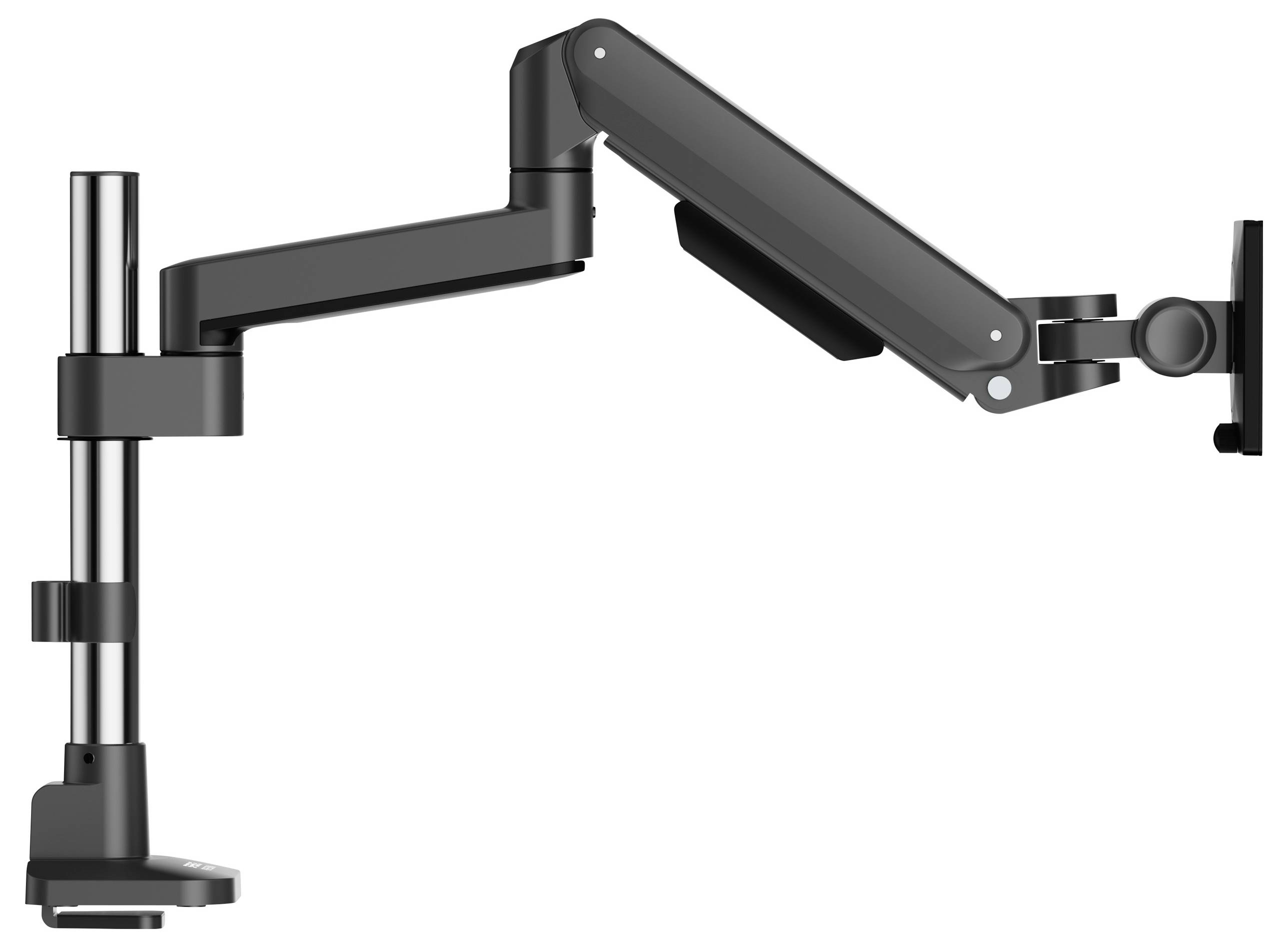 An adjustable black monitor arm with multiple joints, mounted on a pole, designed for ergonomic positioning of computer screens.