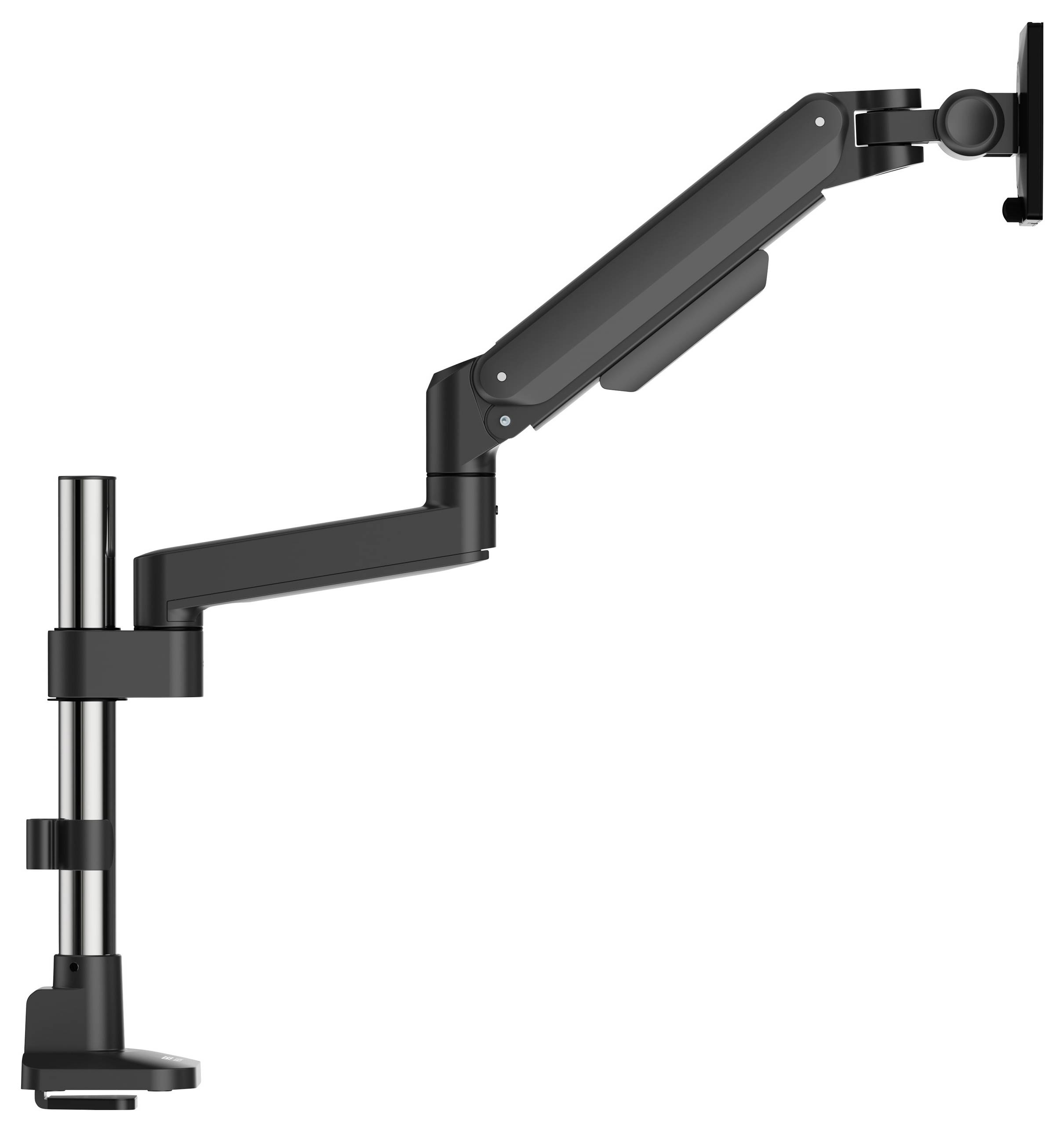 An adjustable black monitor arm with multiple joints, clamped to a surface, designed to hold and position a computer screen.