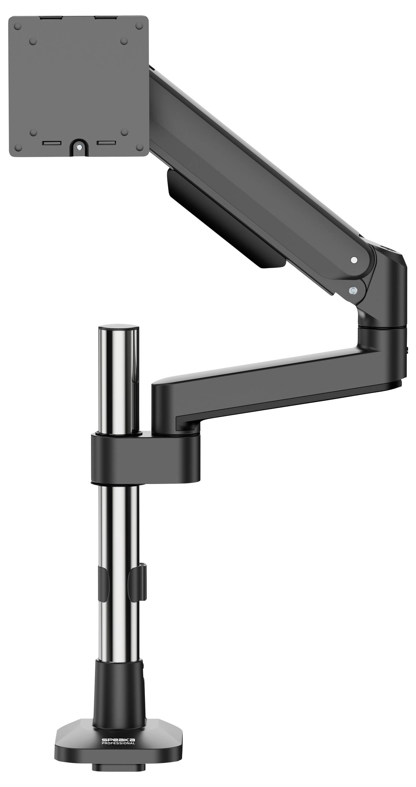 A black and silver adjustable monitor arm designed for desktop use, featuring multiple joints for positioning flexibility.