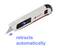 Safety utility knife with a sharp blade, featuring an automatic retraction mechanism highlighted by blue arrows and text.