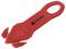A red safety box cutter with a guarded blade, featuring an oval handle and the brand name 'Toolcraft' printed on it.